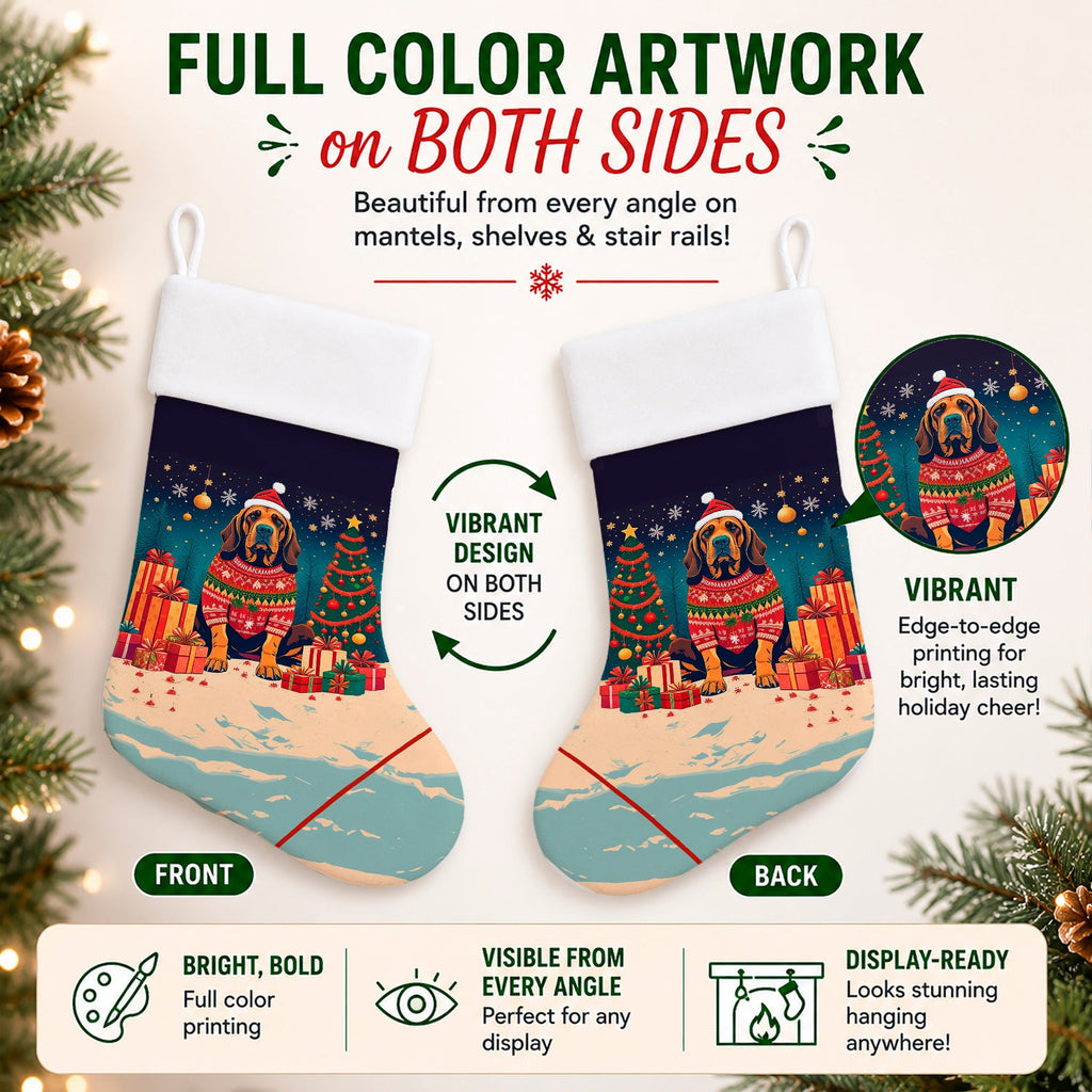 Bloodhound Christmas Holiday Stocking Double-Sided Print, Polyester Suede,11x18, Made in USA