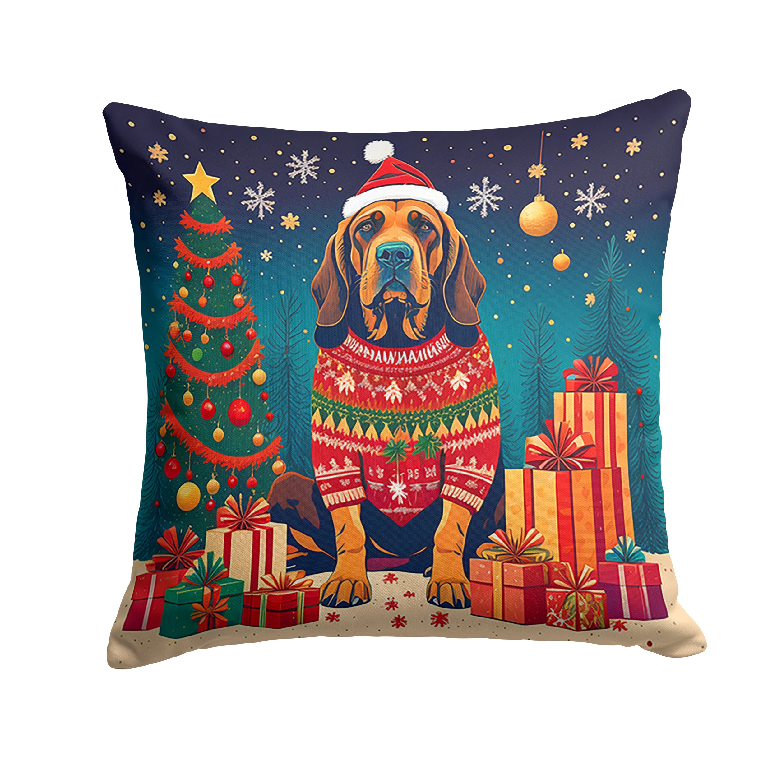 Bloodhound Christmas Decorative Throw Pillow 18x18 Indoor Outdoor Accent Cushion, Fabric Cover with Insert for Sofa, Bed, Porch & Living Room