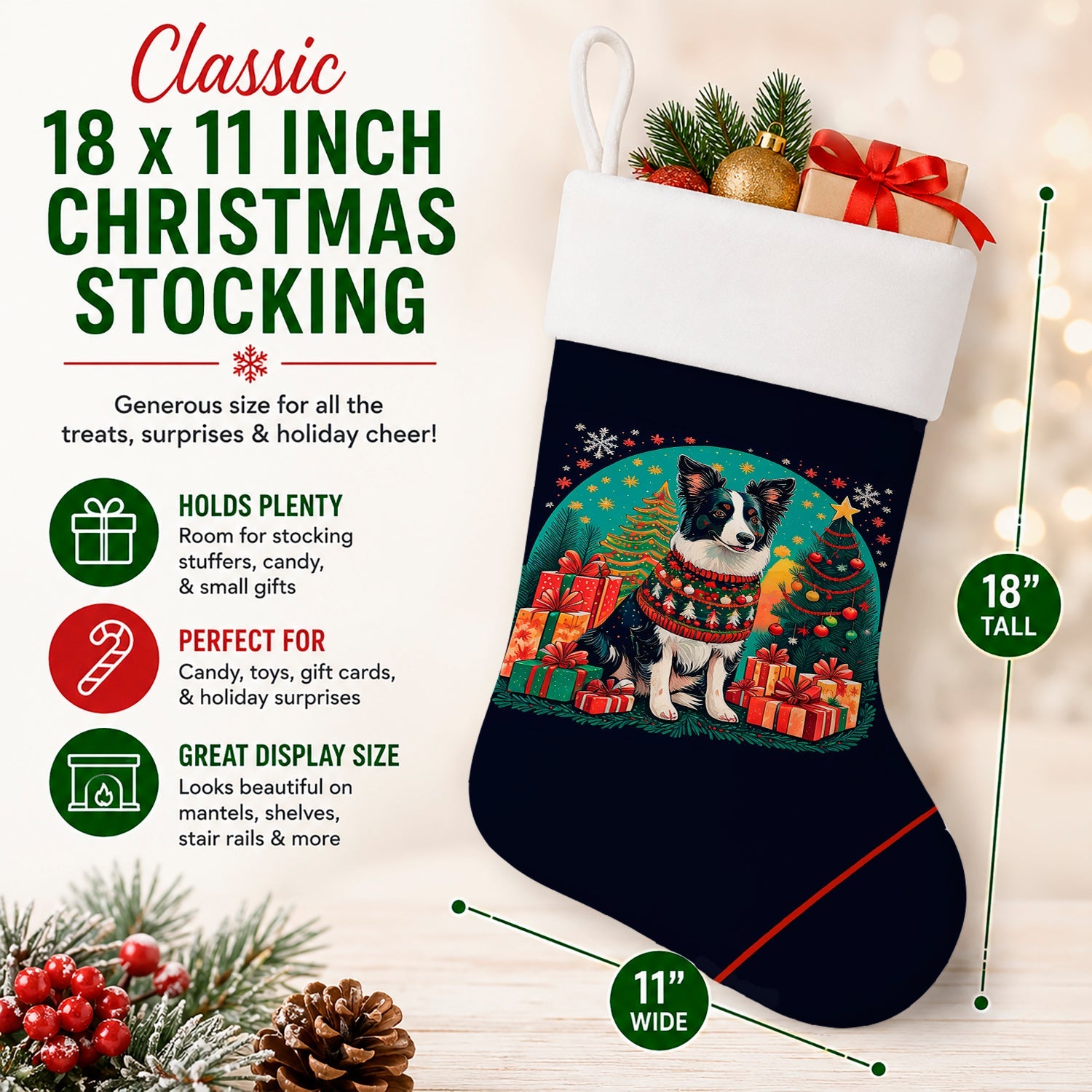 Border Collie Christmas Holiday Stocking Double-Sided Print, Polyester Suede,11x18, Made in USA