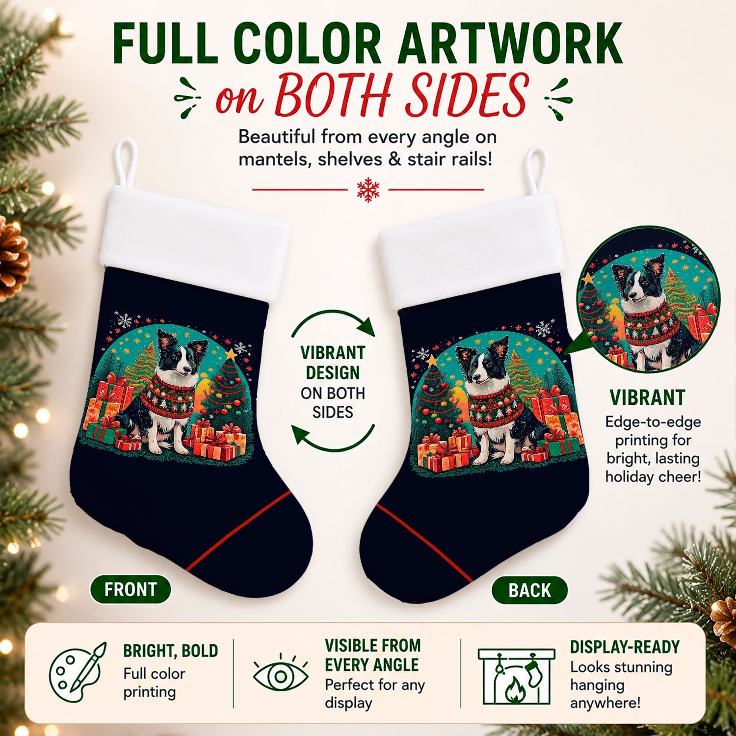 Border Collie Christmas Holiday Stocking Double-Sided Print, Polyester Suede,11x18, Made in USA