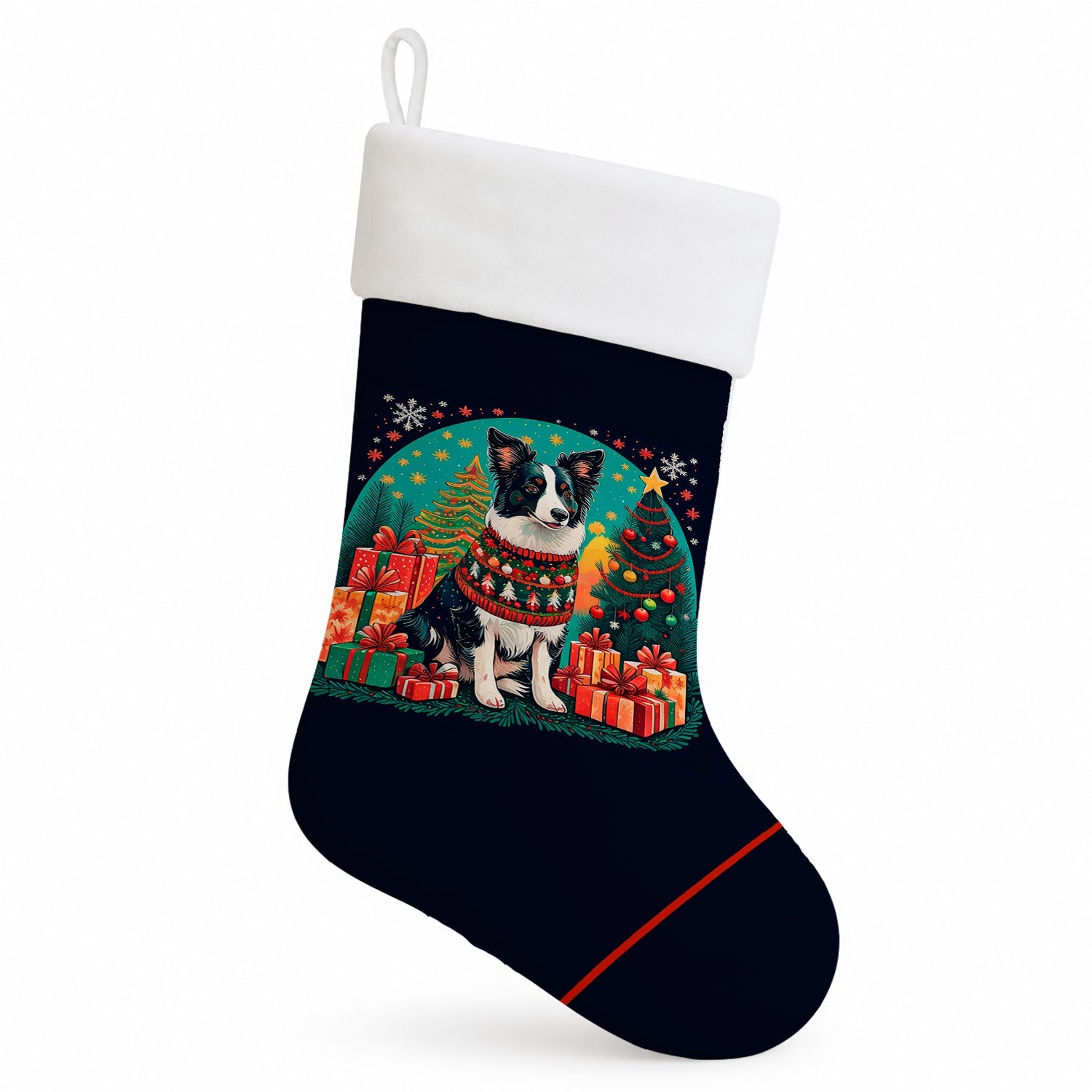 Border Collie Christmas Holiday Stocking Double-Sided Print, Polyester Suede,11x18, Made in USA