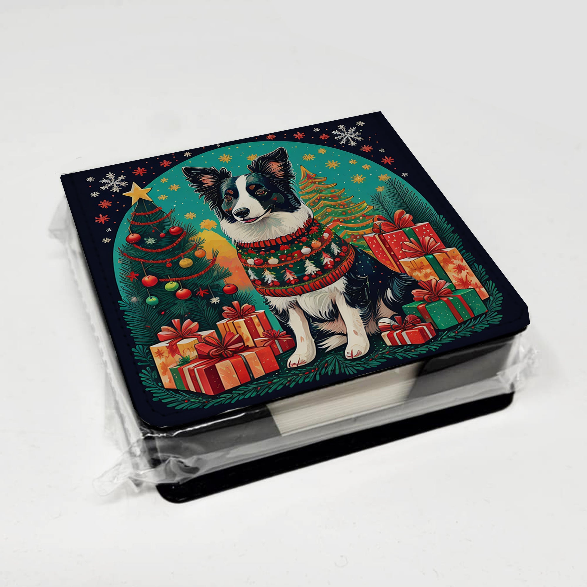 Border Collie Christmas PU Leather Note Paper Holder with Artist-Designed Cover, Desk Accessory, Office Gift
