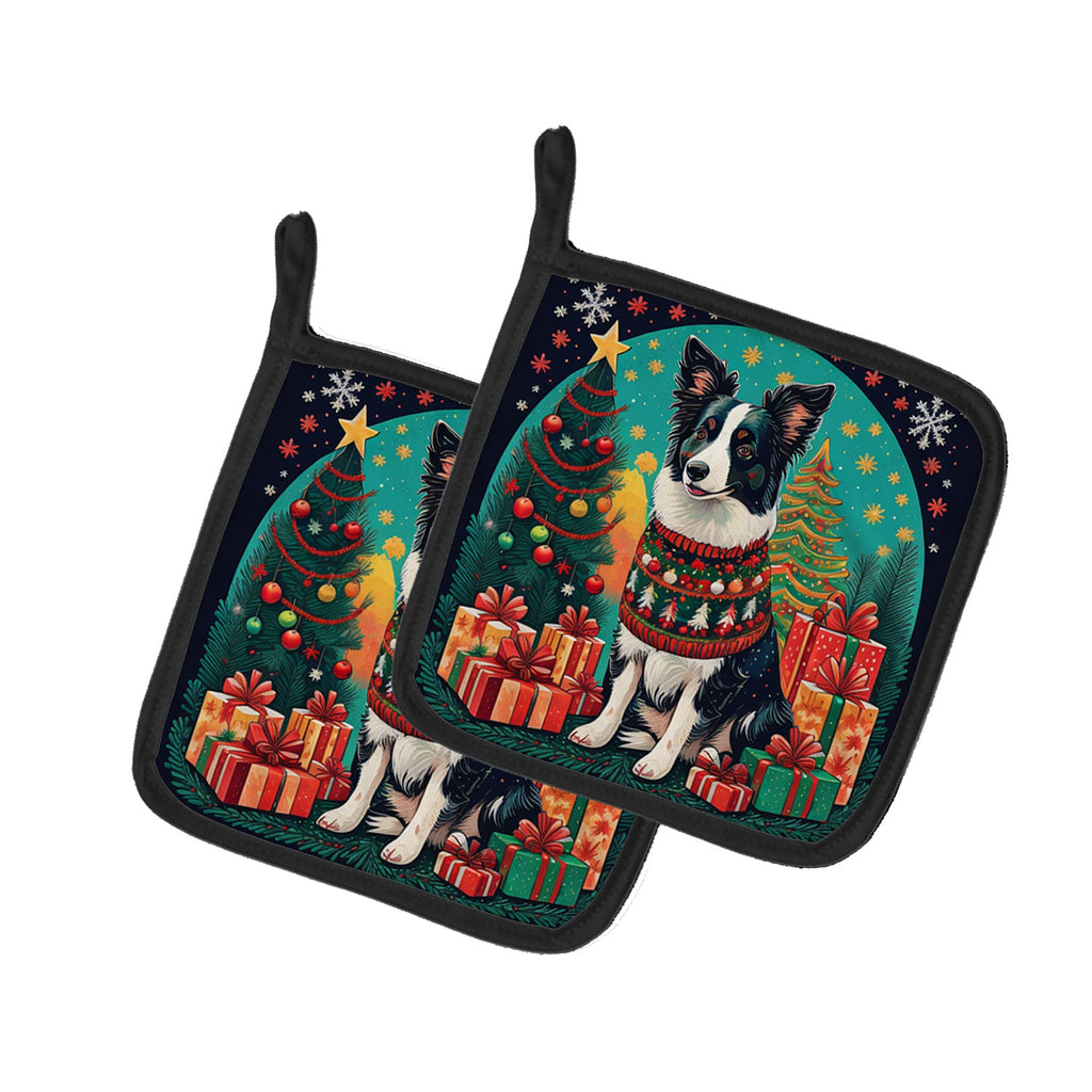 Border Collie Christmas Pot Holder Set of 2 Heat Resistant Quilted Hot Pads 7.5 x 7.5 Inch, Insulated Kitchen Trivets for Cooking & Baking