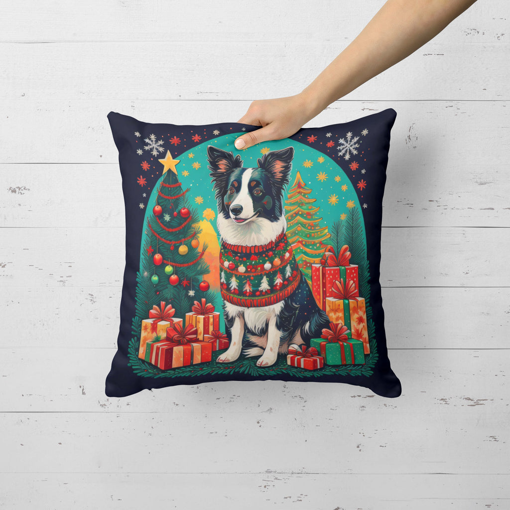 Border Collie Christmas Decorative Throw Pillow 14x14 Indoor Outdoor Accent Cushion, Fabric Cover with Insert for Sofa, Bed, Porch & Living Room