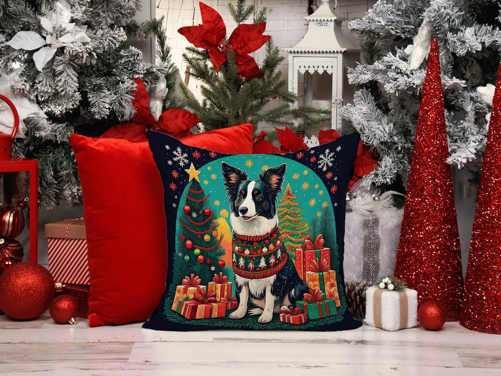 Border Collie Christmas Decorative Throw Pillow 18x18 Indoor Outdoor Accent Cushion, Fabric Cover with Insert for Sofa, Bed, Porch & Living Room