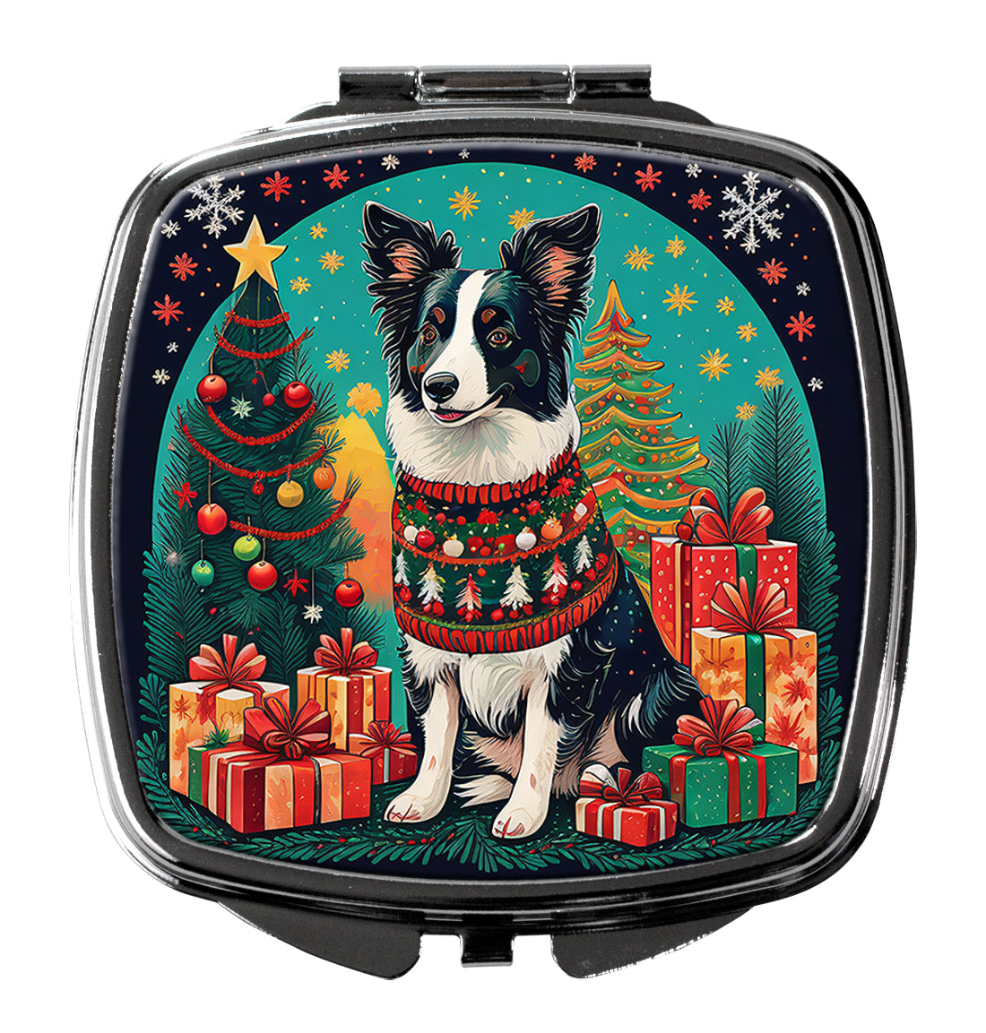 Border Collie Christmas Compact Mirror Decorative Travel Makeup Mirror for Women Girls Gifts Pocket Makeup Mirror Folding Handheld