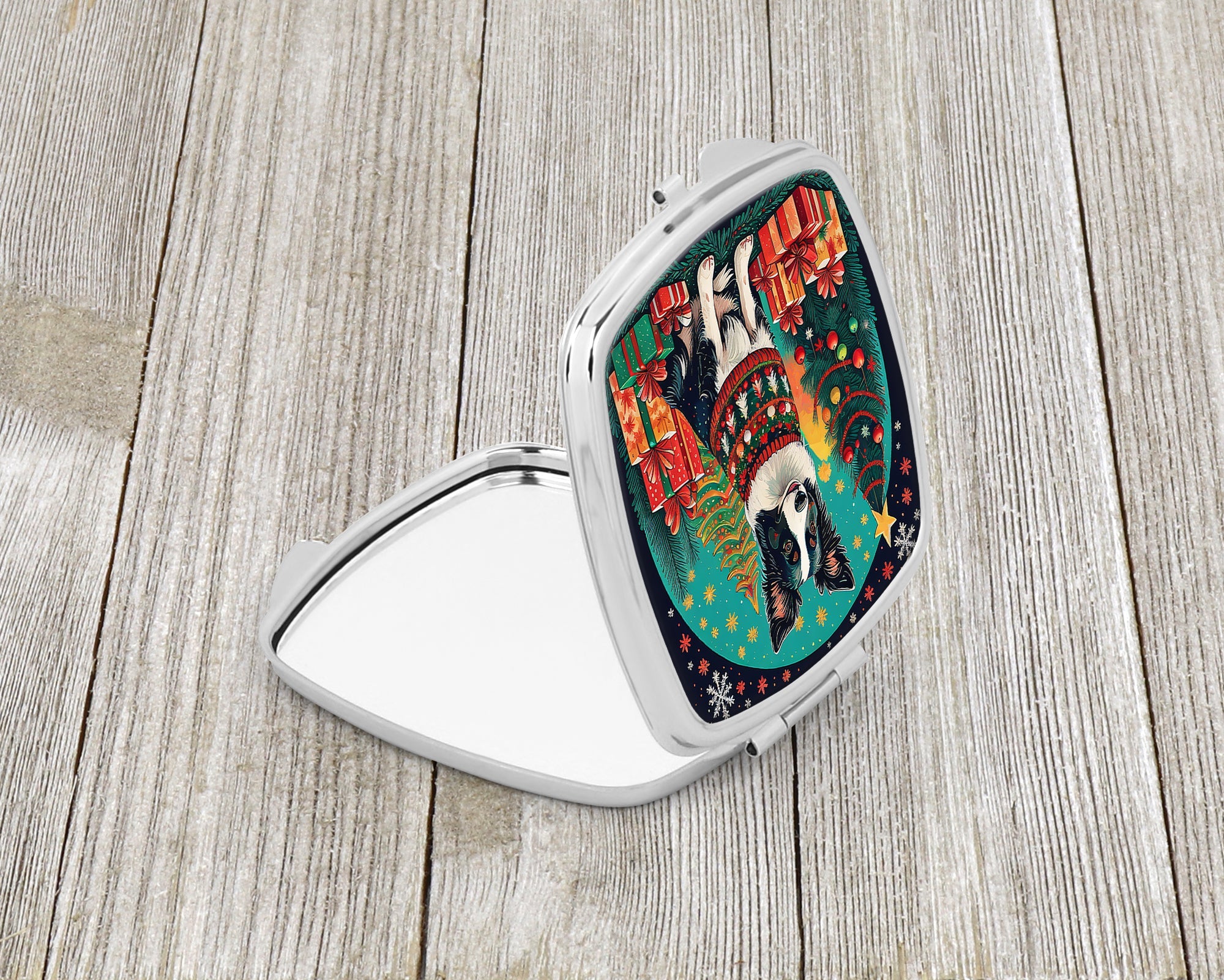 Border Collie Christmas Compact Mirror Decorative Travel Makeup Mirror for Women Girls Gifts Pocket Makeup Mirror Folding Handheld