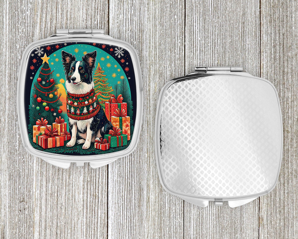 Border Collie Christmas Compact Mirror Decorative Travel Makeup Mirror for Women Girls Gifts Pocket Makeup Mirror Folding Handheld