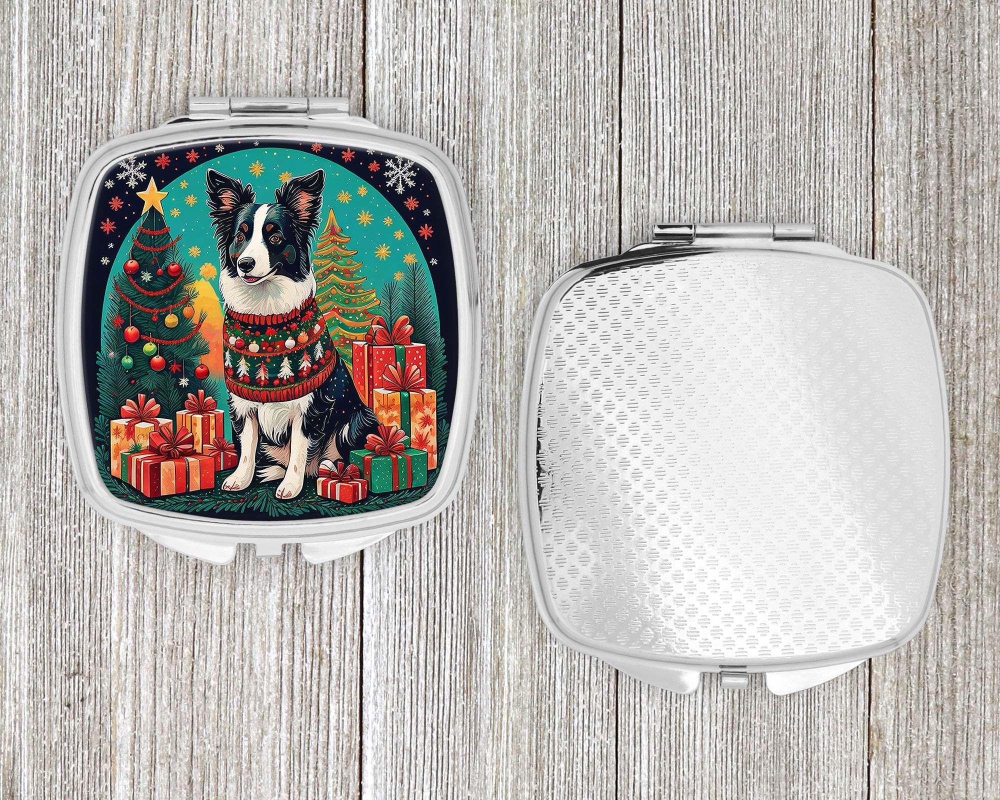 Border Collie Christmas Compact Mirror Decorative Travel Makeup Mirror for Women Girls Gifts Pocket Makeup Mirror Folding Handheld