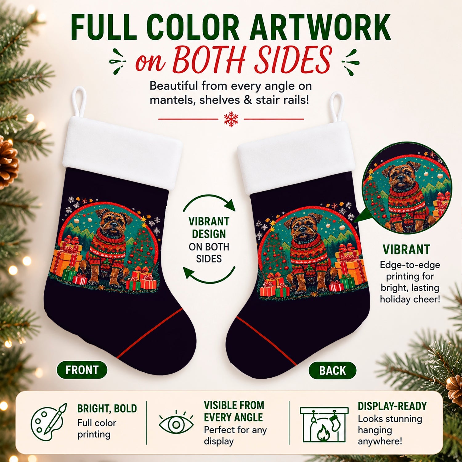 Border Terrier Christmas Holiday Stocking Double-Sided Print, Polyester Suede,11x18, Made in USA