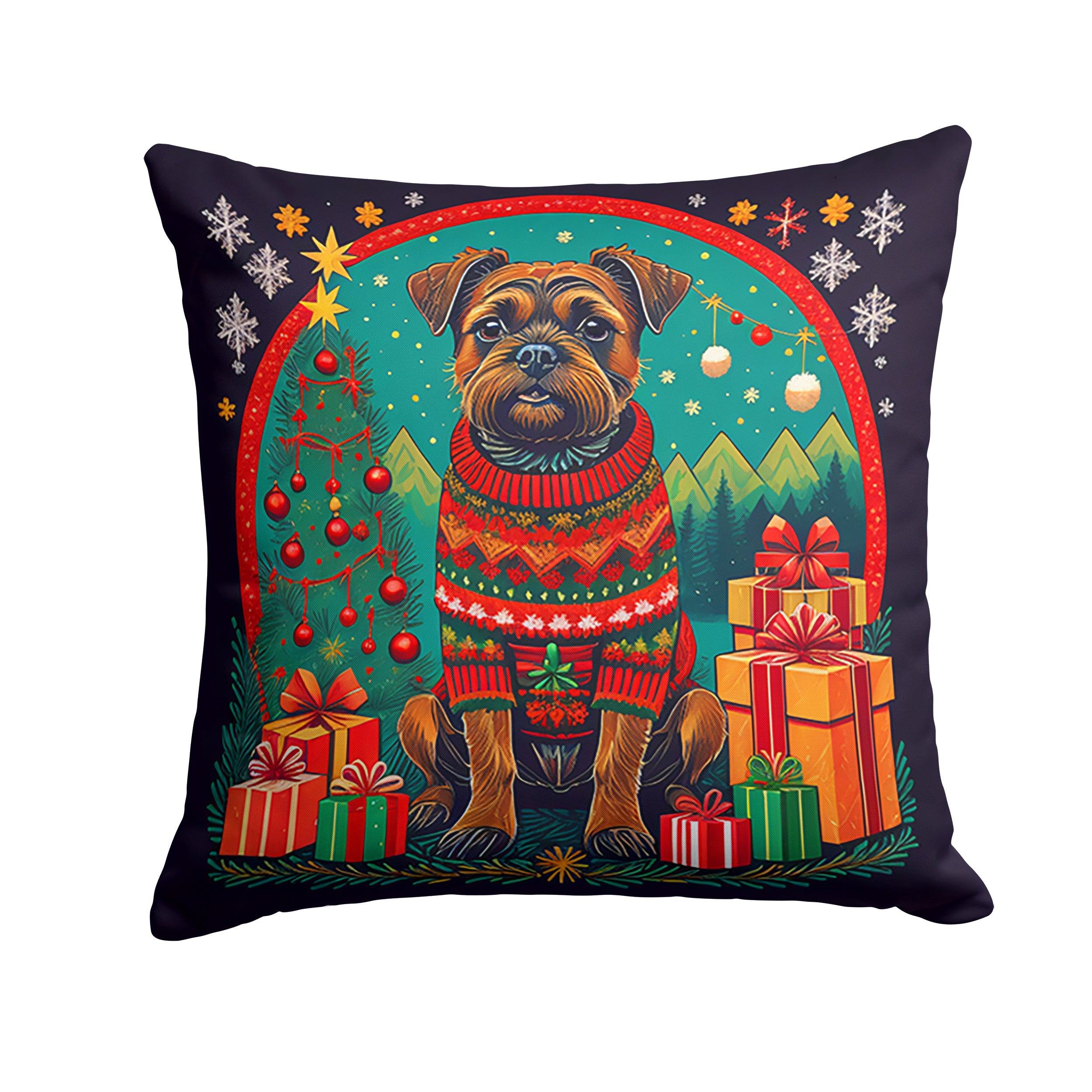 Border Terrier Christmas Decorative Throw Pillow 14x14 Indoor Outdoor Accent Cushion, Fabric Cover with Insert for Sofa, Bed, Porch & Living Room