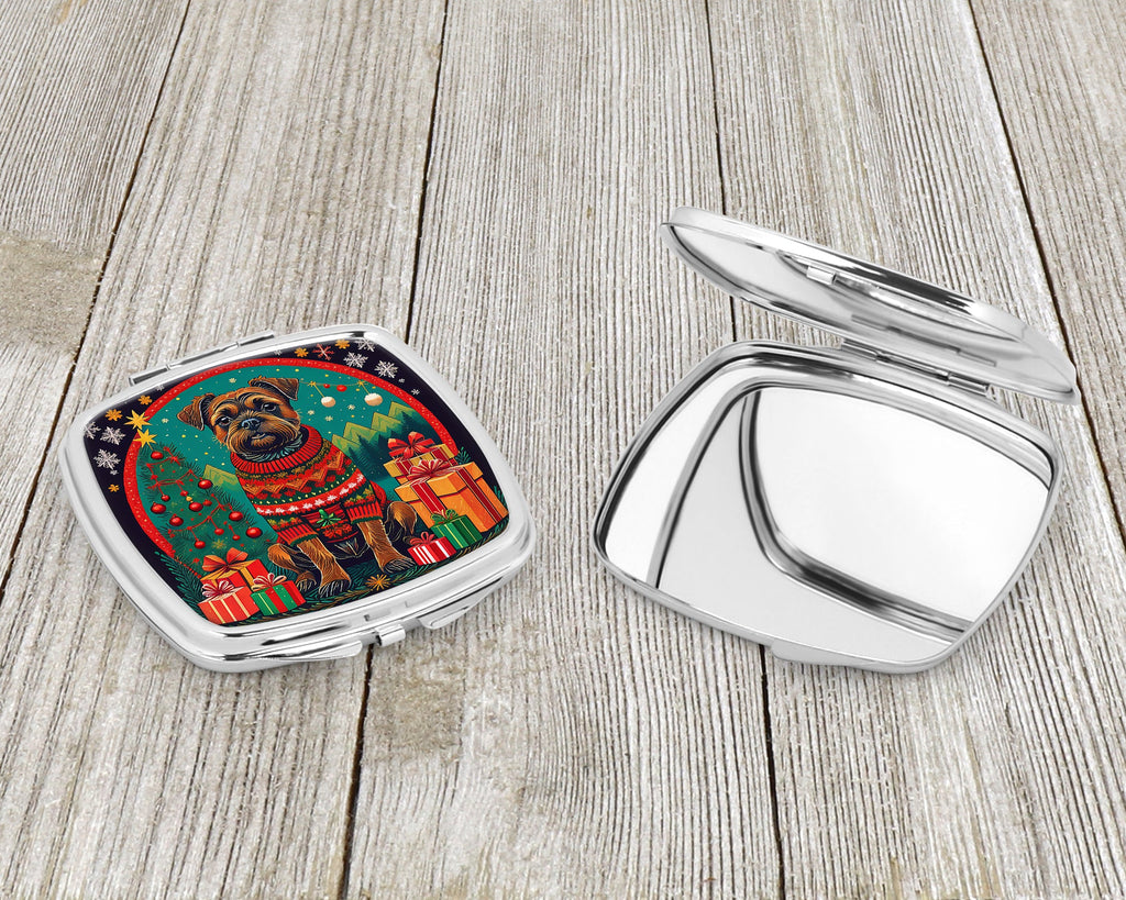 Border Terrier Christmas Compact Mirror Decorative Travel Makeup Mirror for Women Girls Gifts Pocket Makeup Mirror Folding Handheld