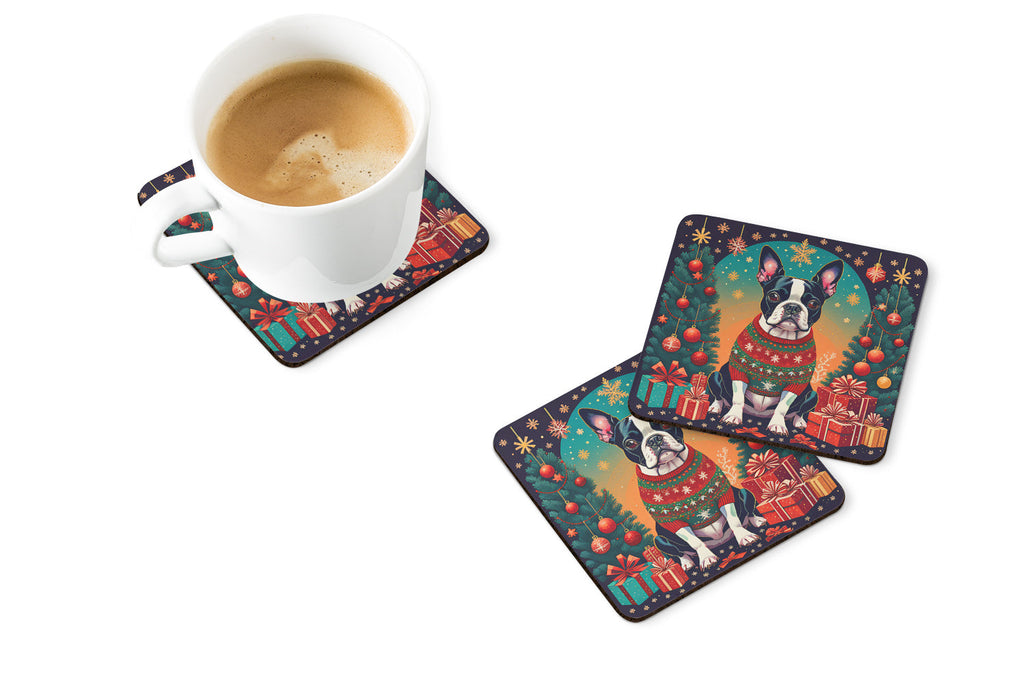 Boston Terrier Christmas Foam Coasters Set of 4 Cup Coasters for Indoor Outdoor, Tabletop Protection, Anti Slip, Mouse pad Material