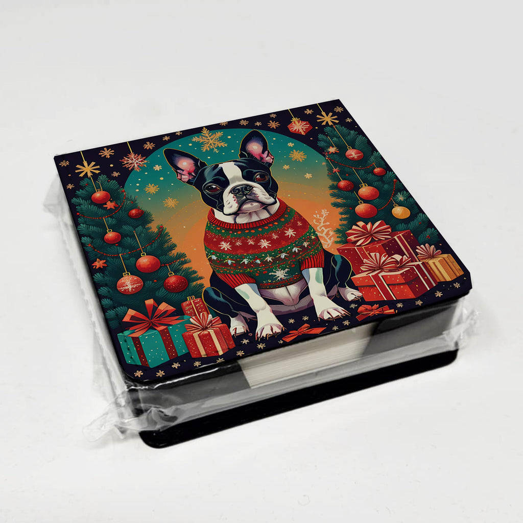 Boston Terrier Christmas PU Leather Note Paper Holder with Artist-Designed Cover, Desk Accessory, Office Gift