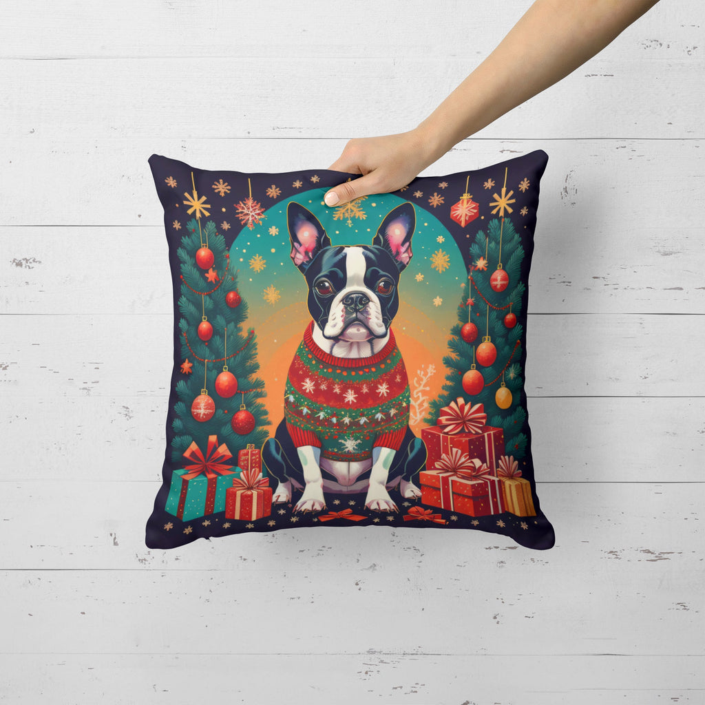 Boston Terrier Christmas Decorative Throw Pillow 14x14 Indoor Outdoor Accent Cushion, Fabric Cover with Insert for Sofa, Bed, Porch & Living Room