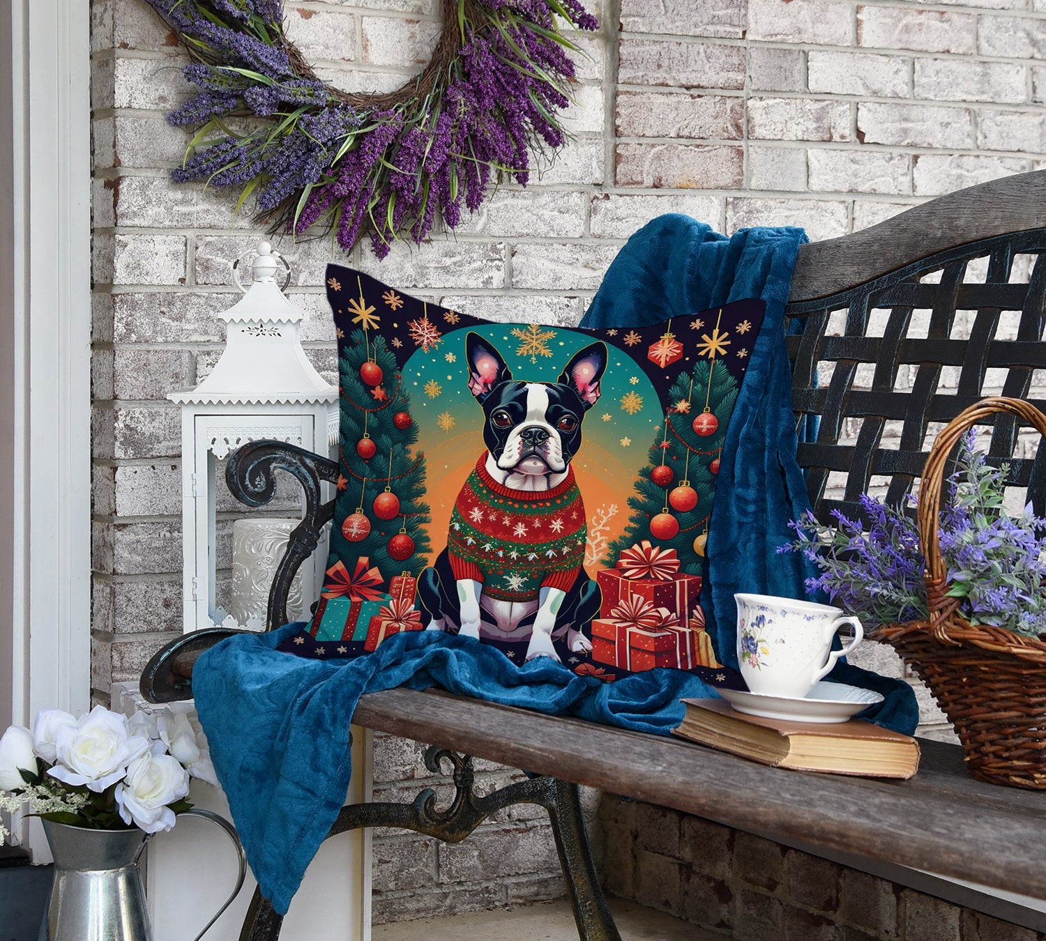 Boston Terrier Christmas Decorative Throw Pillow 18x18 Indoor Outdoor Accent Cushion, Fabric Cover with Insert for Sofa, Bed, Porch & Living Room