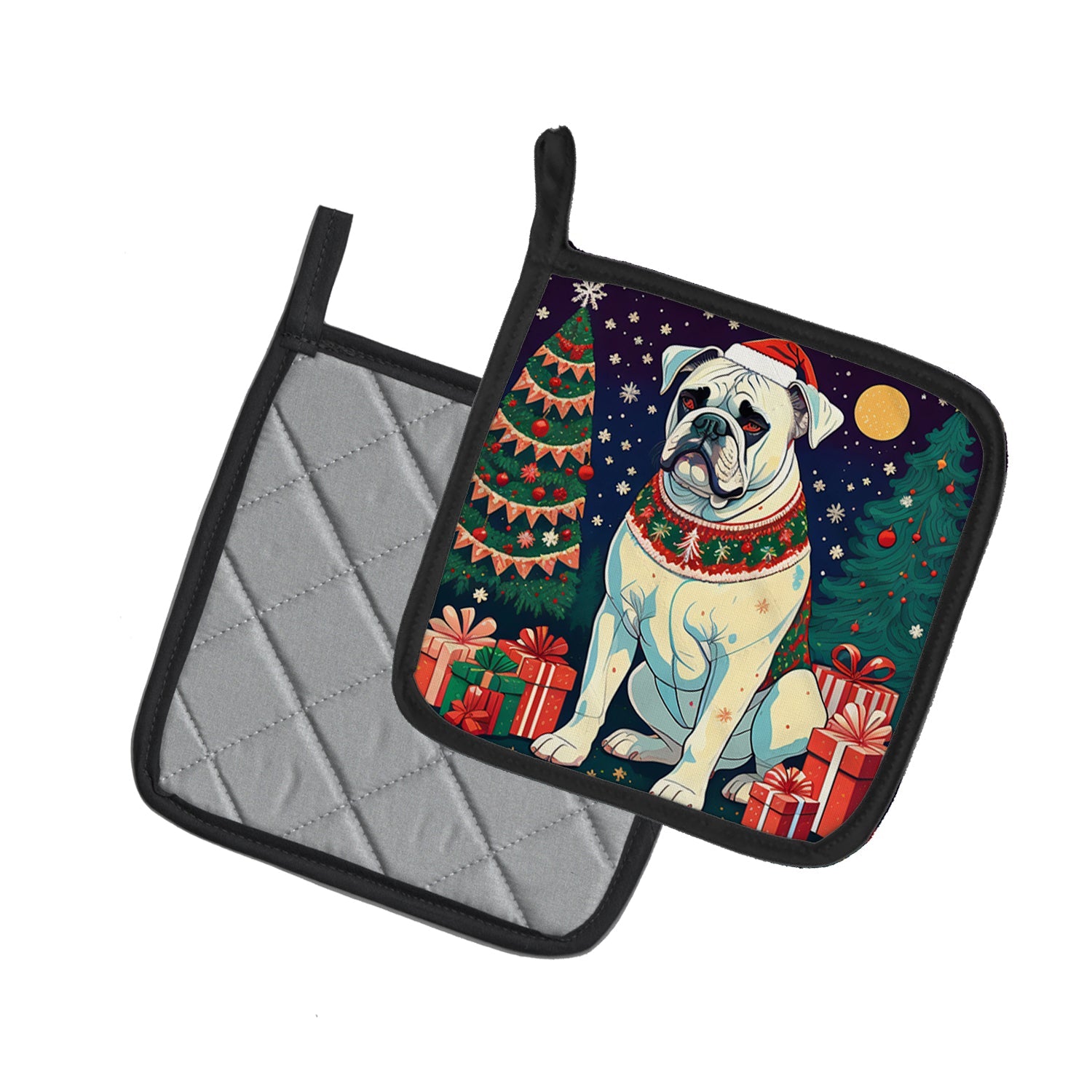 White Boxer Christmas Pot Holder Set of 2 Heat Resistant Quilted Hot Pads 7.5 x 7.5 Inch, Insulated Kitchen Trivets for Cooking & Baking