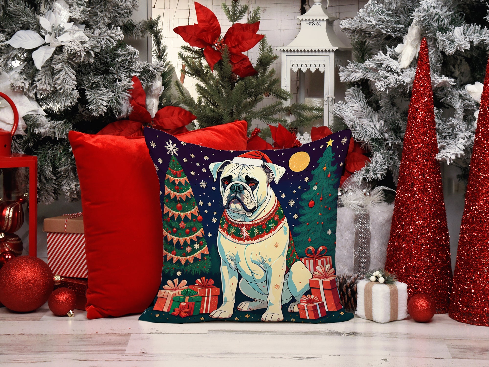 White Boxer Christmas Decorative Throw Pillow 14x14 Indoor Outdoor Accent Cushion, Fabric Cover with Insert for Sofa, Bed, Porch & Living Room