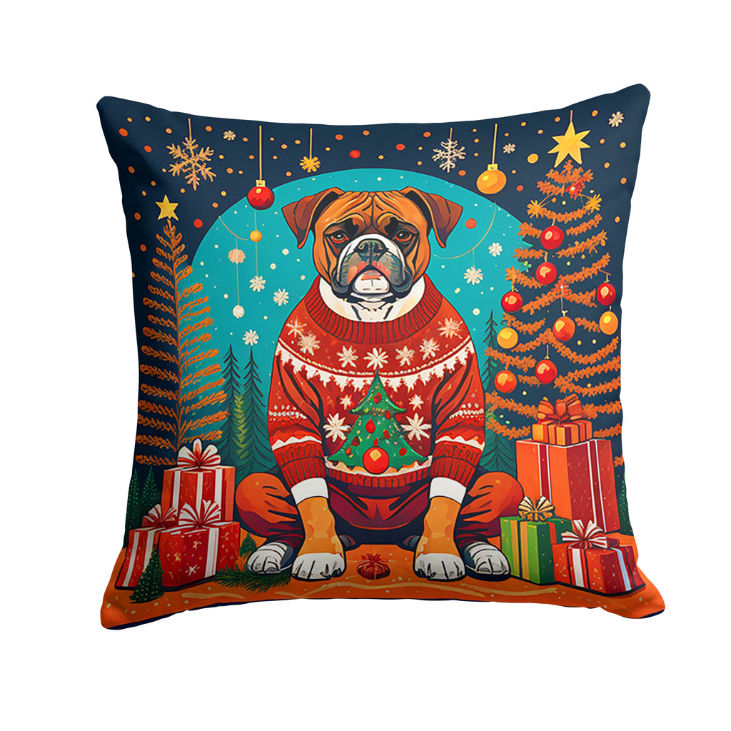 Boxer Christmas Decorative Throw Pillow 14x14 Indoor Outdoor Accent Cushion, Fabric Cover with Insert for Sofa, Bed, Porch & Living Room