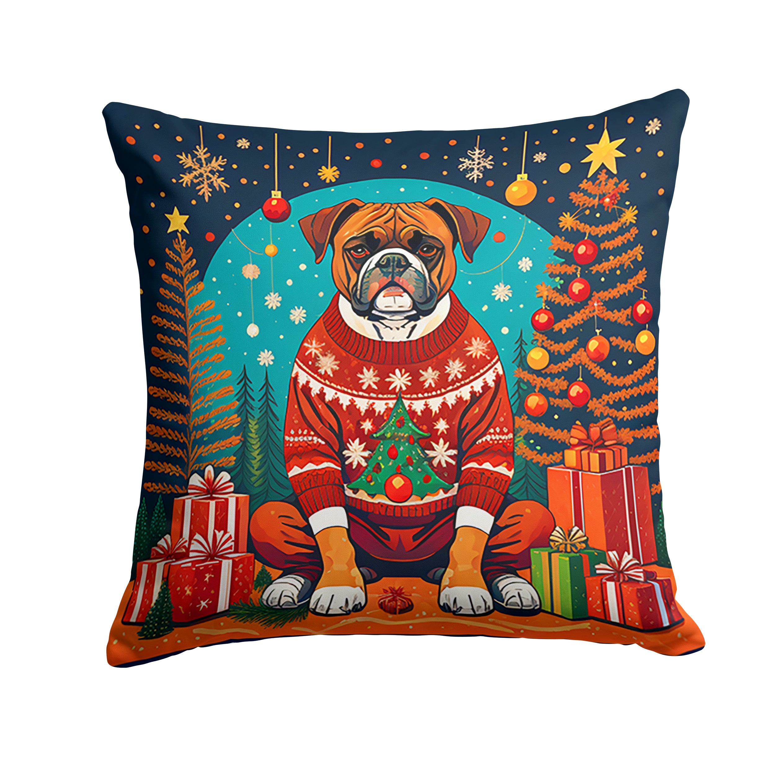 Boxer Christmas Decorative Throw Pillow 14x14 Indoor Outdoor Accent Cushion, Fabric Cover with Insert for Sofa, Bed, Porch & Living Room