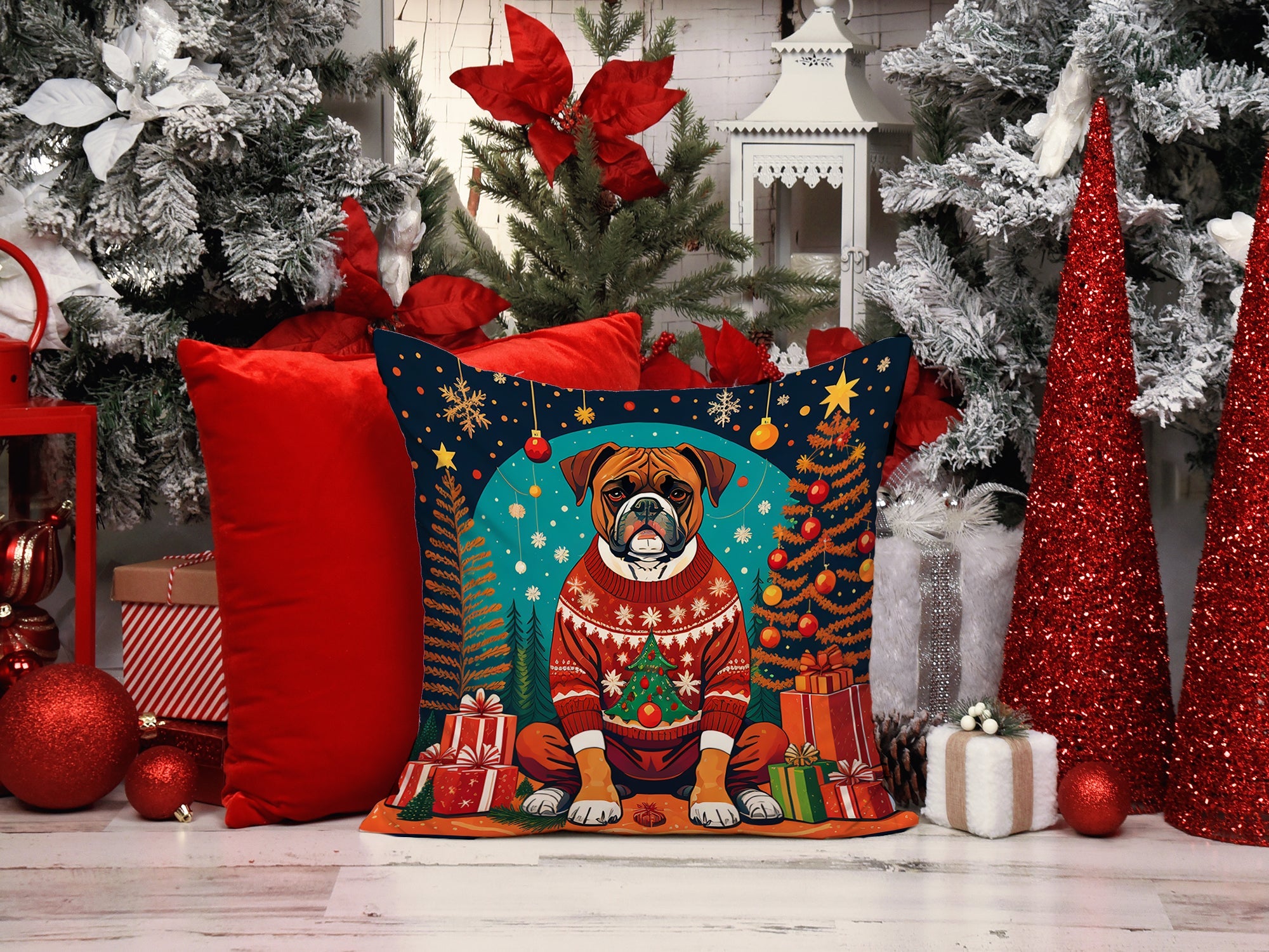 Boxer Christmas Decorative Throw Pillow 14x14 Indoor Outdoor Accent Cushion, Fabric Cover with Insert for Sofa, Bed, Porch & Living Room
