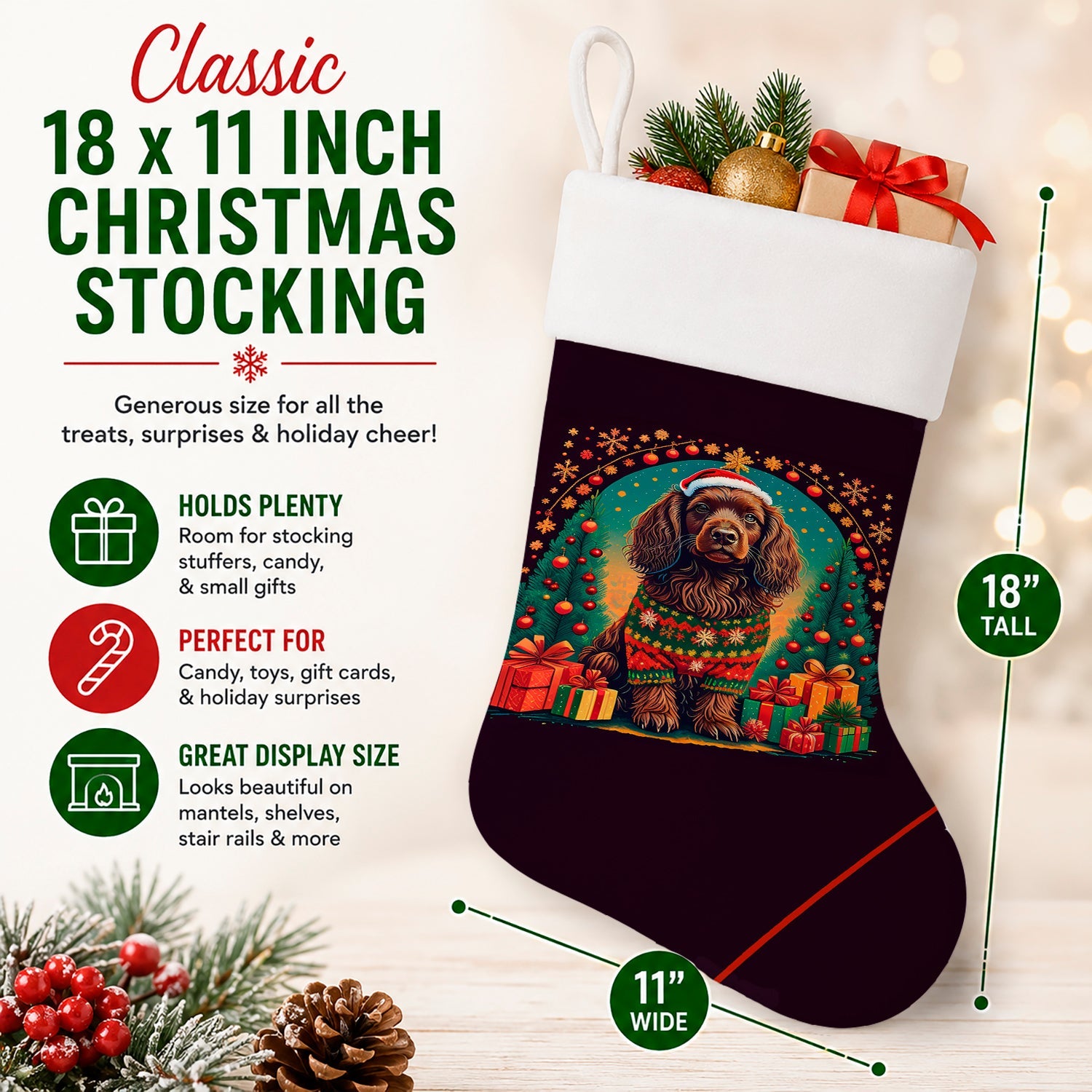 Boykin Spaniel Christmas Holiday Stocking Double-Sided Print, Polyester Suede,11x18, Made in USA