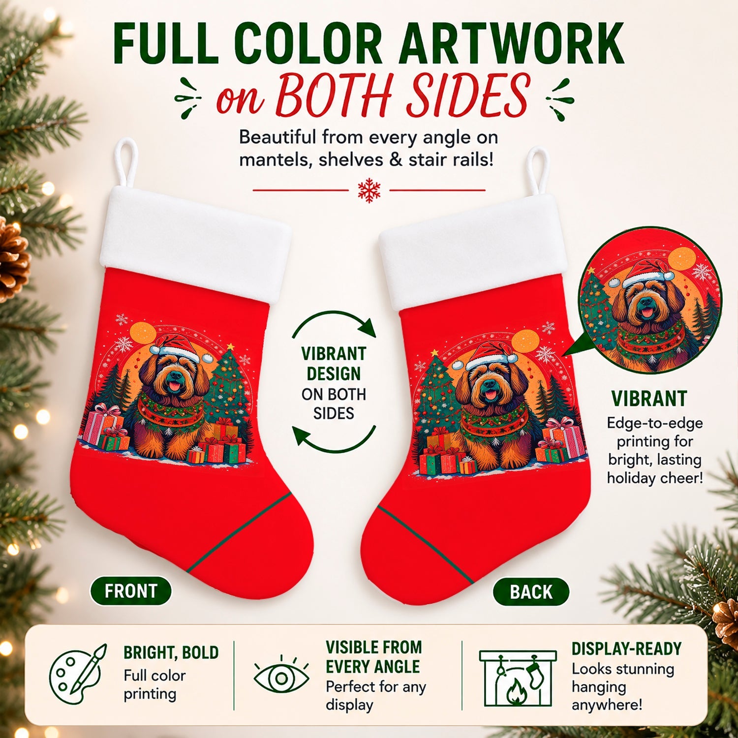 Briard Christmas Holiday Stocking Double-Sided Print, Polyester Suede,11x18, Made in USA