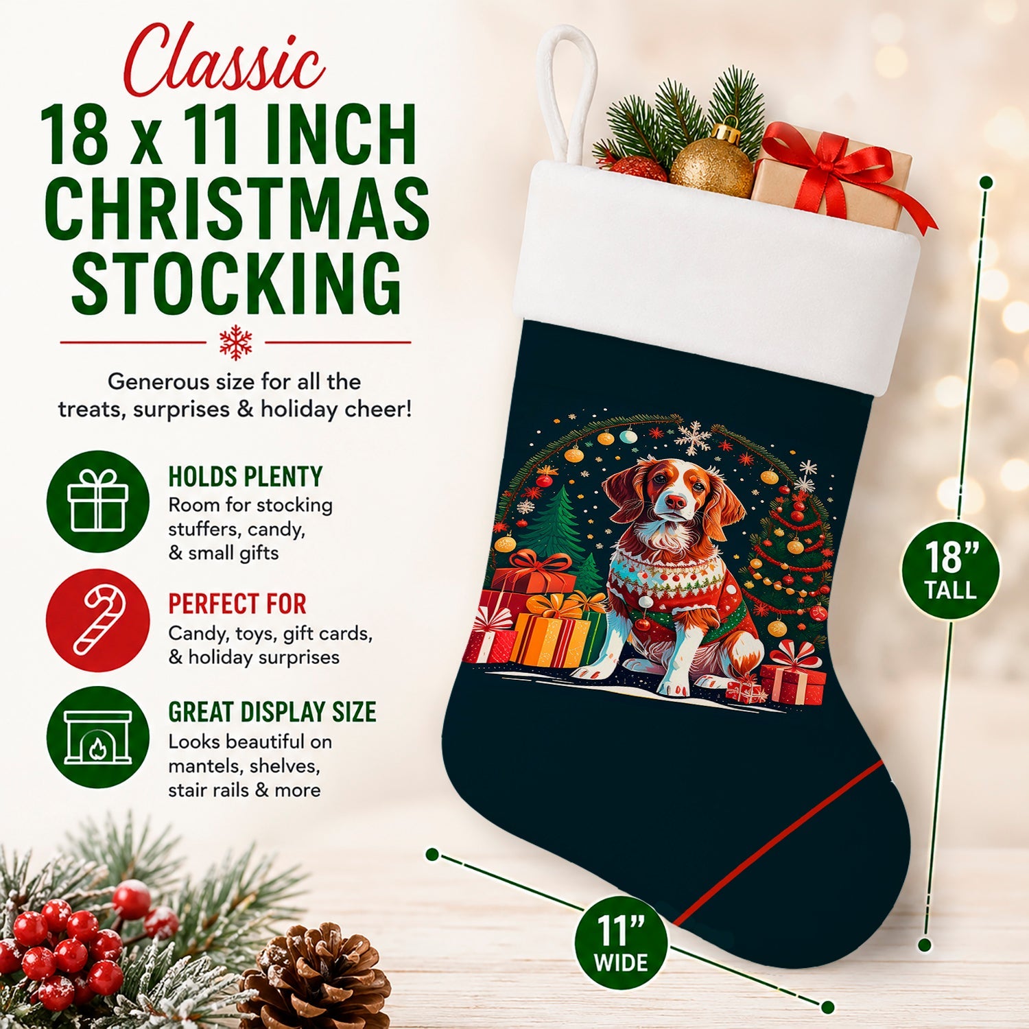 Brittany Spaniel Christmas Holiday Stocking Double-Sided Print, Polyester Suede,11x18, Made in USA