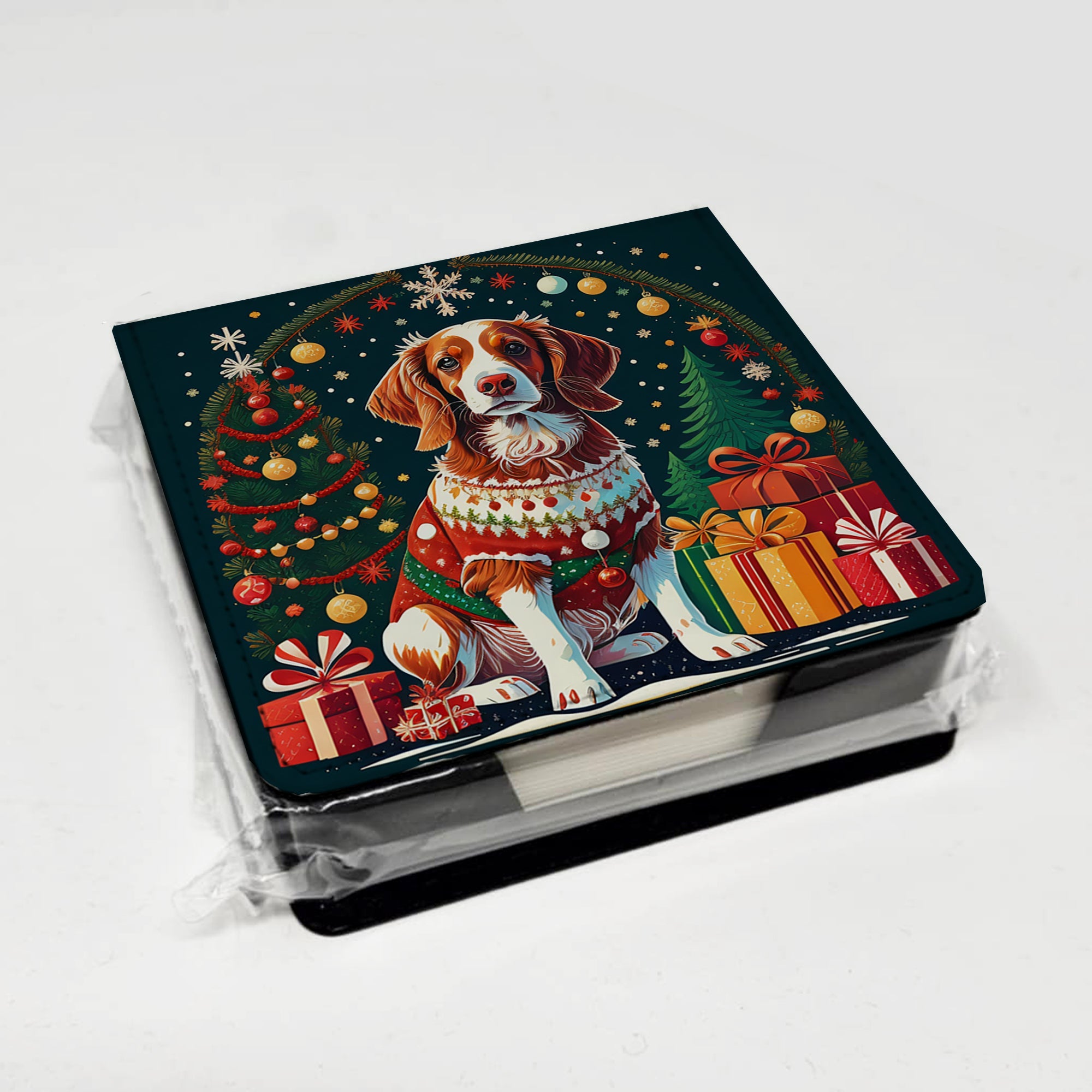 Brittany Spaniel Christmas PU Leather Note Paper Holder with Artist-Designed Cover, Desk Accessory, Office Gift