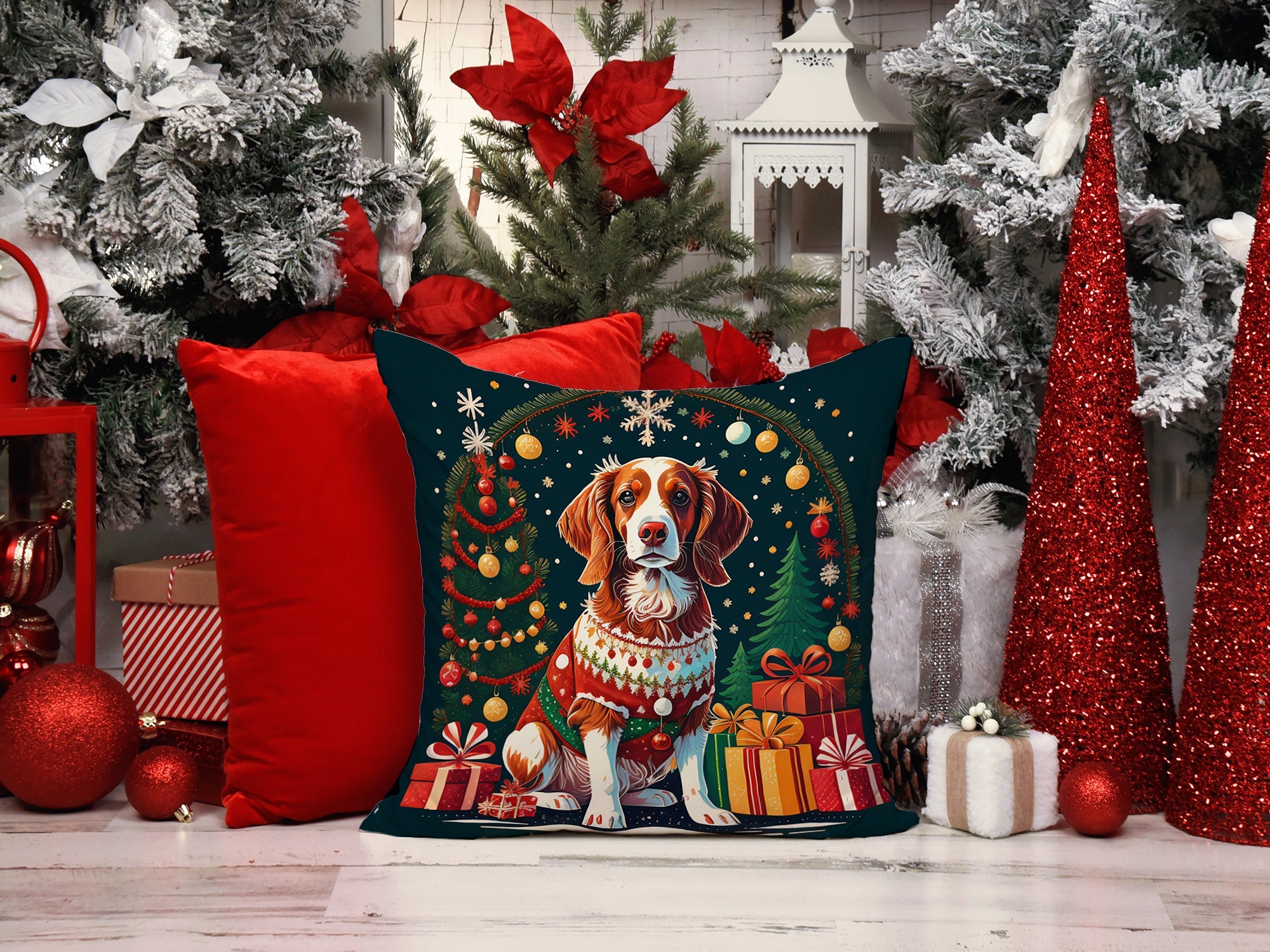Brittany Spaniel Christmas Decorative Throw Pillow 18x18 Indoor Outdoor Accent Cushion, Fabric Cover with Insert for Sofa, Bed, Porch & Living Room