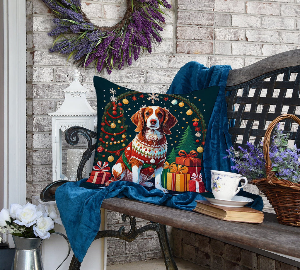 Brittany Spaniel Christmas Decorative Throw Pillow 18x18 Indoor Outdoor Accent Cushion, Fabric Cover with Insert for Sofa, Bed, Porch & Living Room