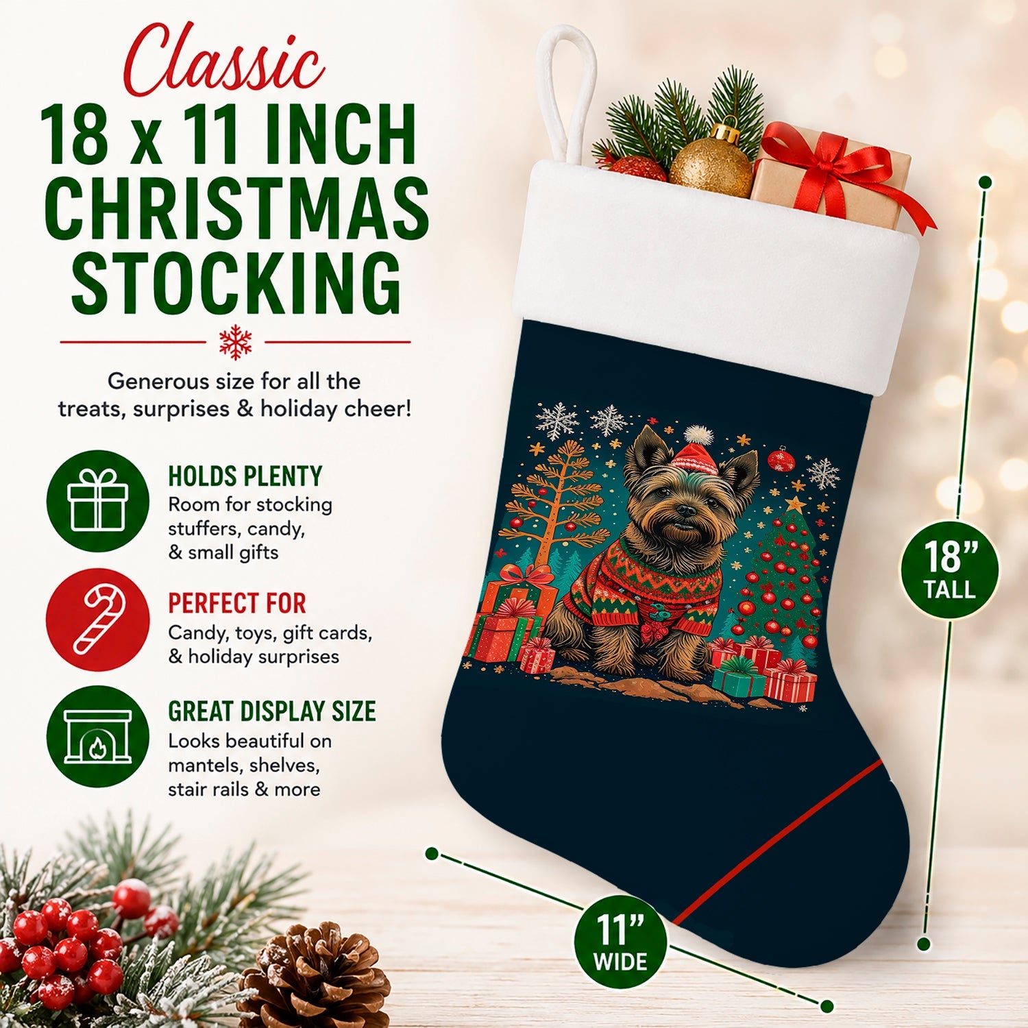 Cairn Terrier Christmas Holiday Stocking Double-Sided Print, Polyester Suede,11x18, Made in USA