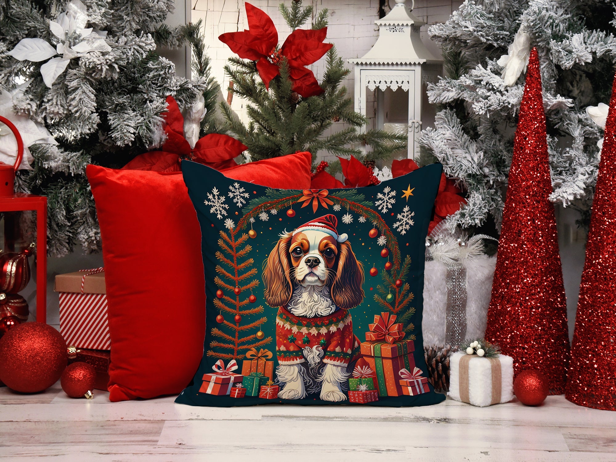 Cavalier King Charles Spaniel Christmas Decorative Throw Pillow 14x14 Indoor Outdoor Accent Cushion, Fabric Cover with Insert for Sofa, Bed, Porch & Living Room