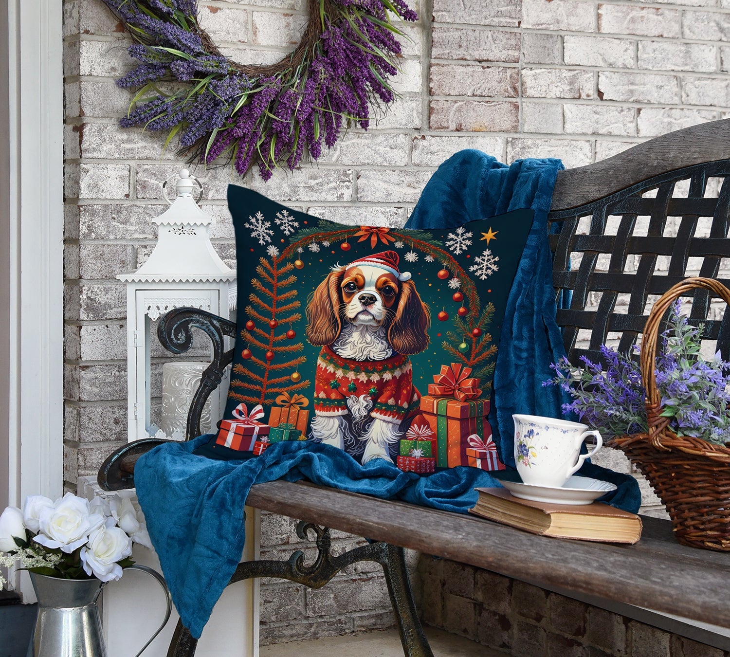 Cavalier King Charles Spaniel Christmas Decorative Throw Pillow 18x18 Indoor Outdoor Accent Cushion, Fabric Cover with Insert for Sofa, Bed, Porch & Living Room