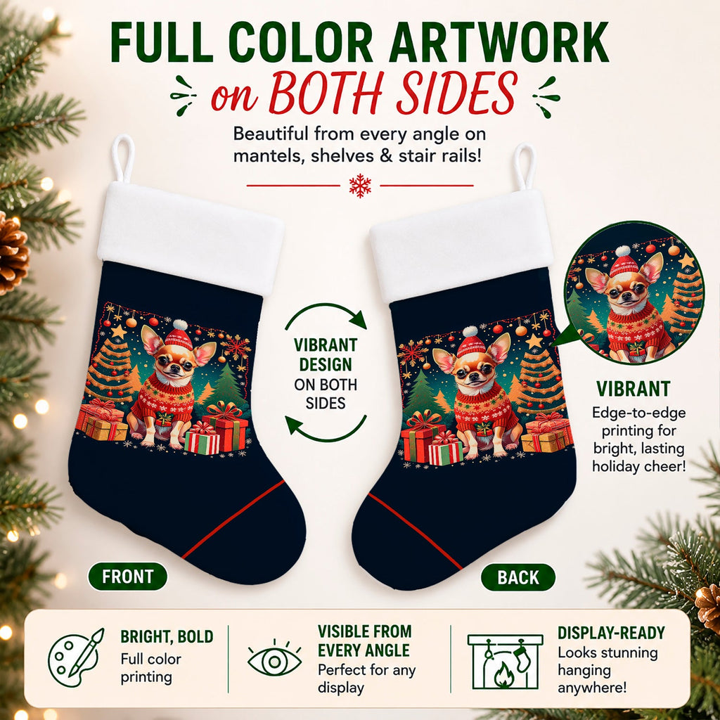 Chihuahua Christmas Holiday Stocking Double-Sided Print, Polyester Suede,11x18, Made in USA