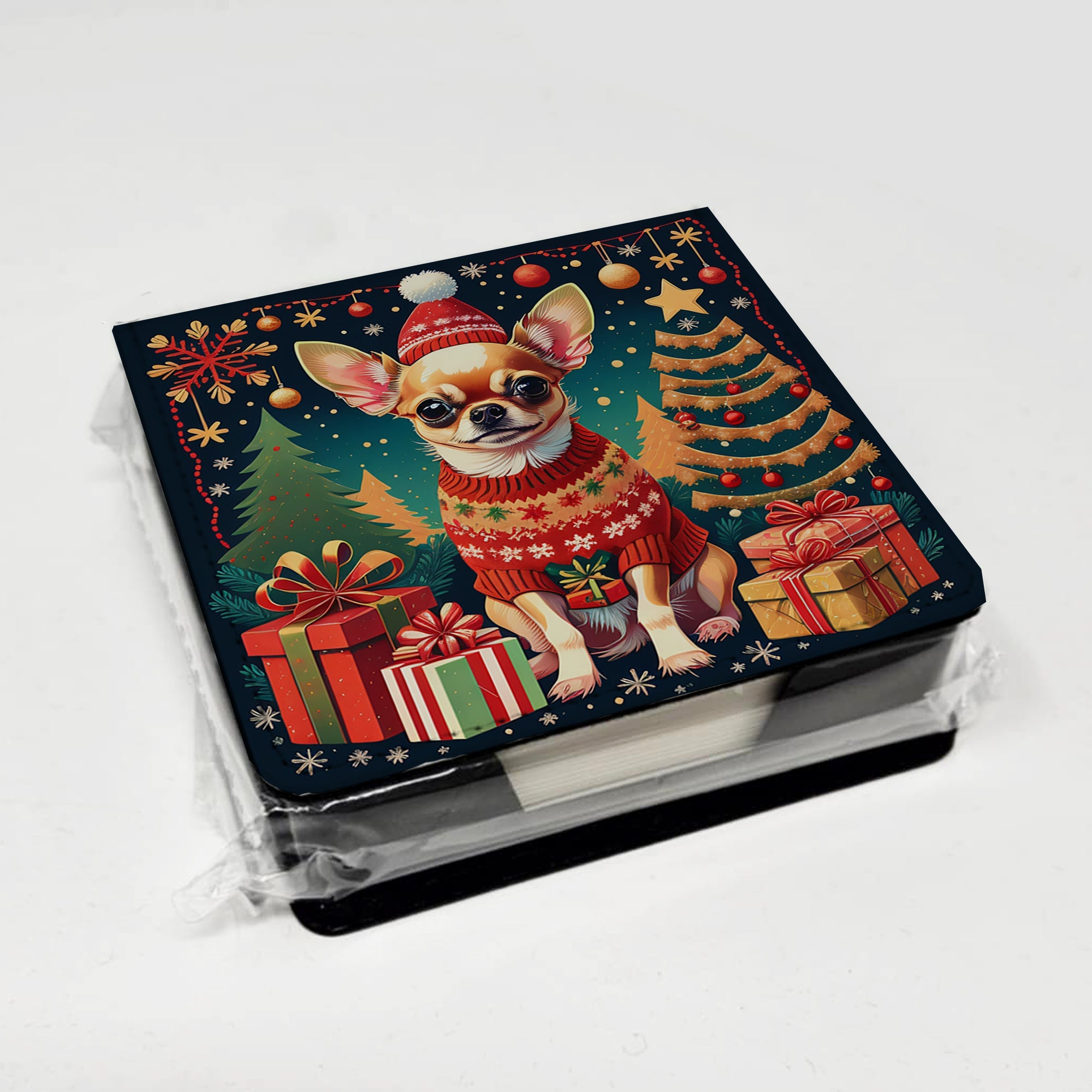 Chihuahua Christmas PU Leather Note Paper Holder with Artist-Designed Cover, Desk Accessory, Office Gift