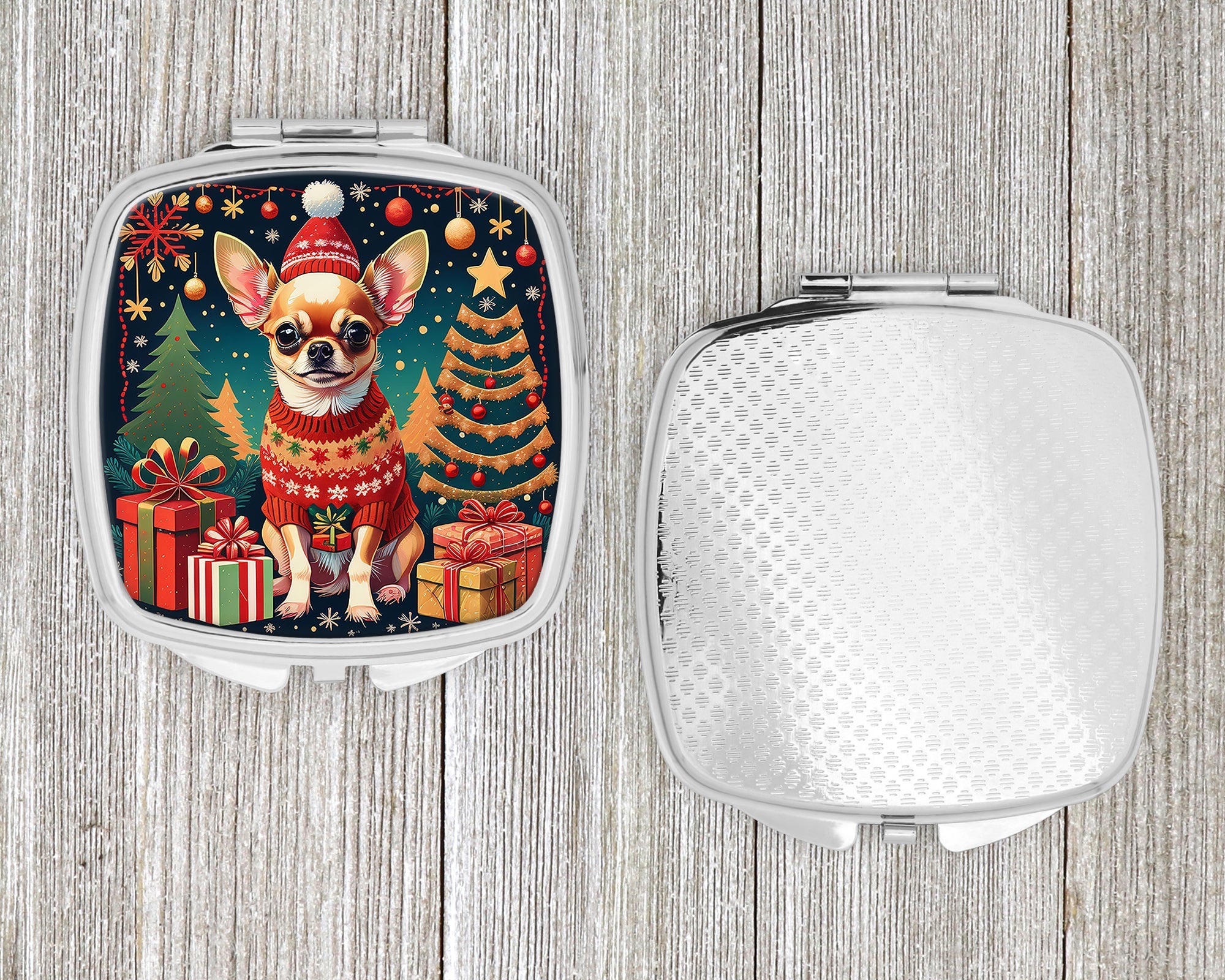 Chihuahua Christmas Compact Mirror Decorative Travel Makeup Mirror for Women Girls Gifts Pocket Makeup Mirror Folding Handheld