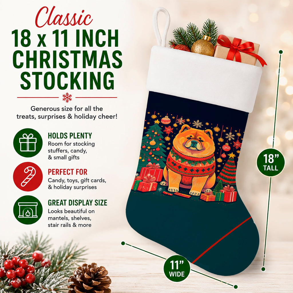 Chow Chow Christmas Holiday Stocking Double-Sided Print, Polyester Suede,11x18, Made in USA