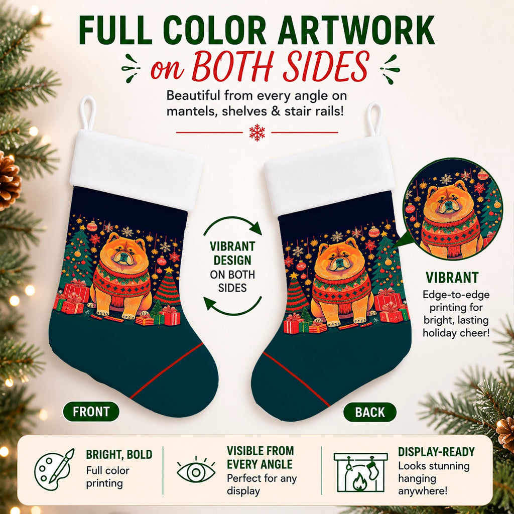 Chow Chow Christmas Holiday Stocking Double-Sided Print, Polyester Suede,11x18, Made in USA