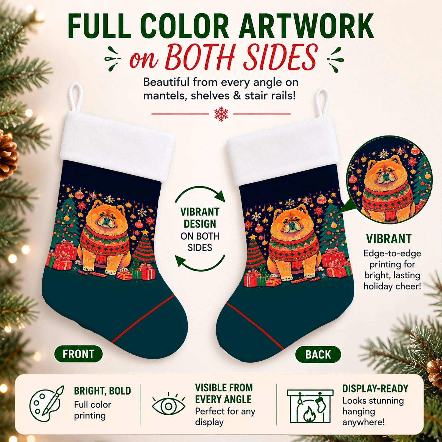 Chow Chow Christmas Holiday Stocking Double-Sided Print, Polyester Suede,11x18, Made in USA