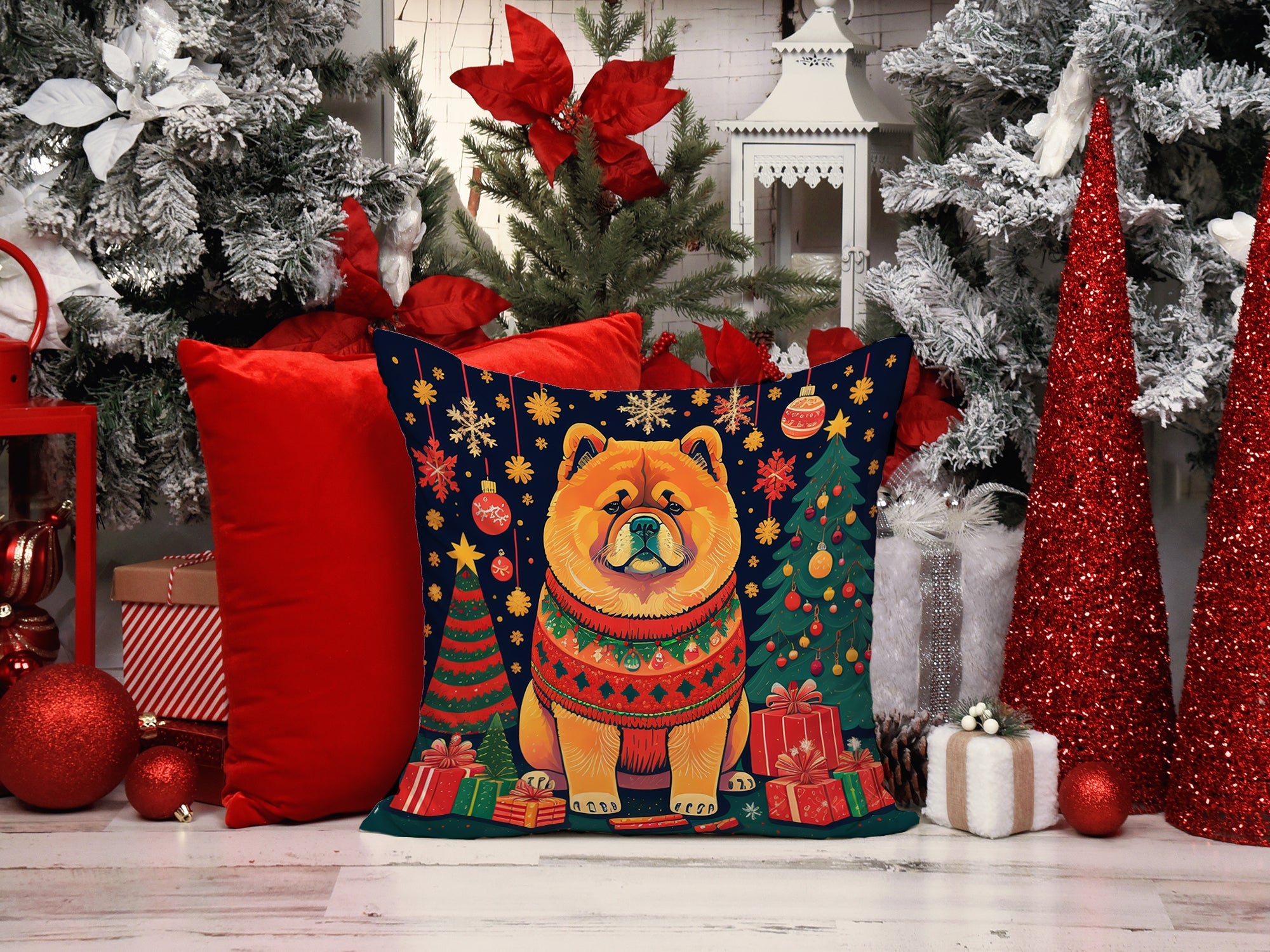 Chow Chow Christmas Decorative Throw Pillow 18x18 Indoor Outdoor Accent Cushion, Fabric Cover with Insert for Sofa, Bed, Porch & Living Room