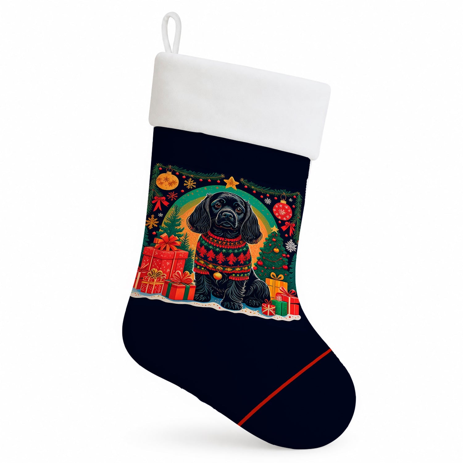 Black Cocker Spaniel Christmas Holiday Stocking Double-Sided Print, Polyester Suede,11x18, Made in USA