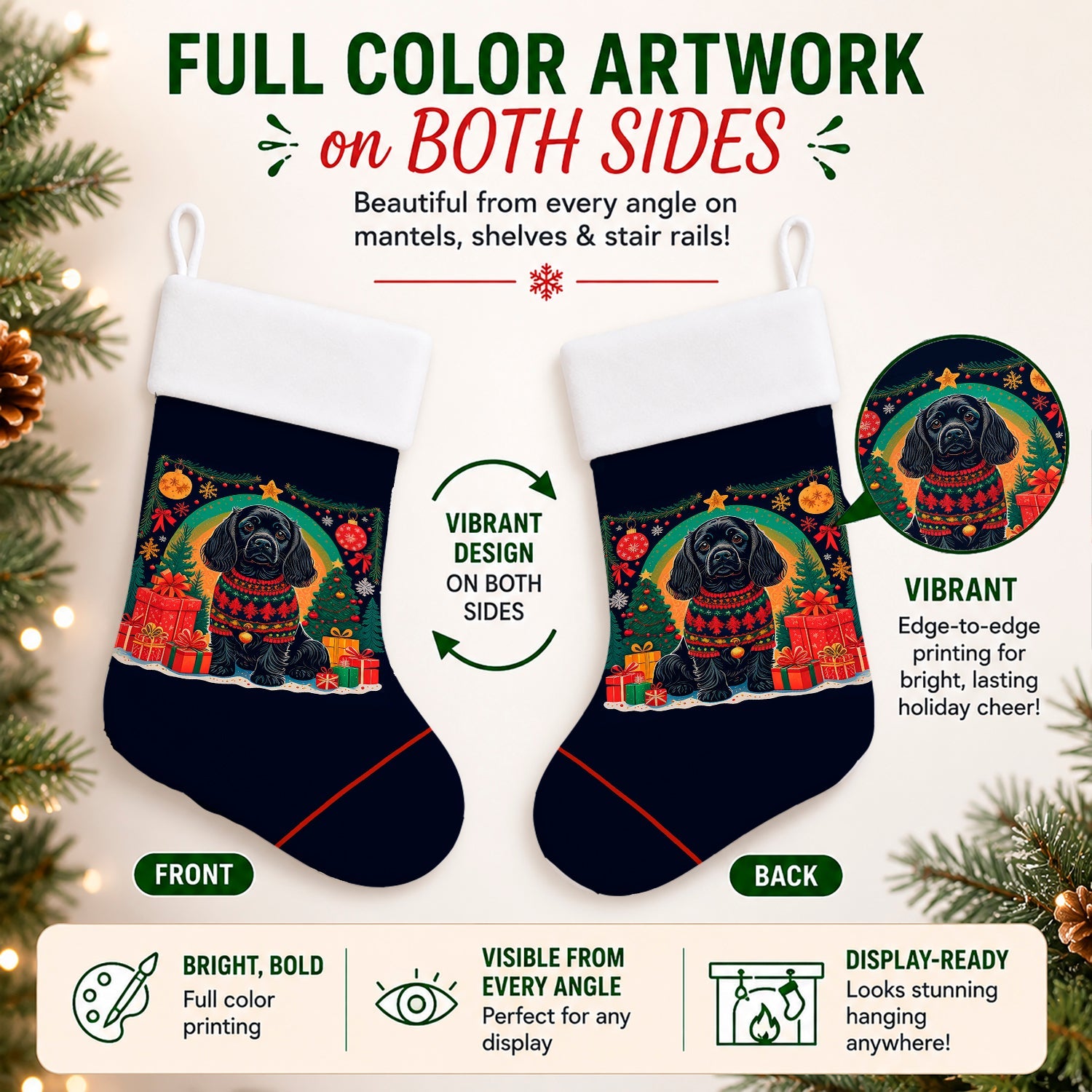Black Cocker Spaniel Christmas Holiday Stocking Double-Sided Print, Polyester Suede,11x18, Made in USA