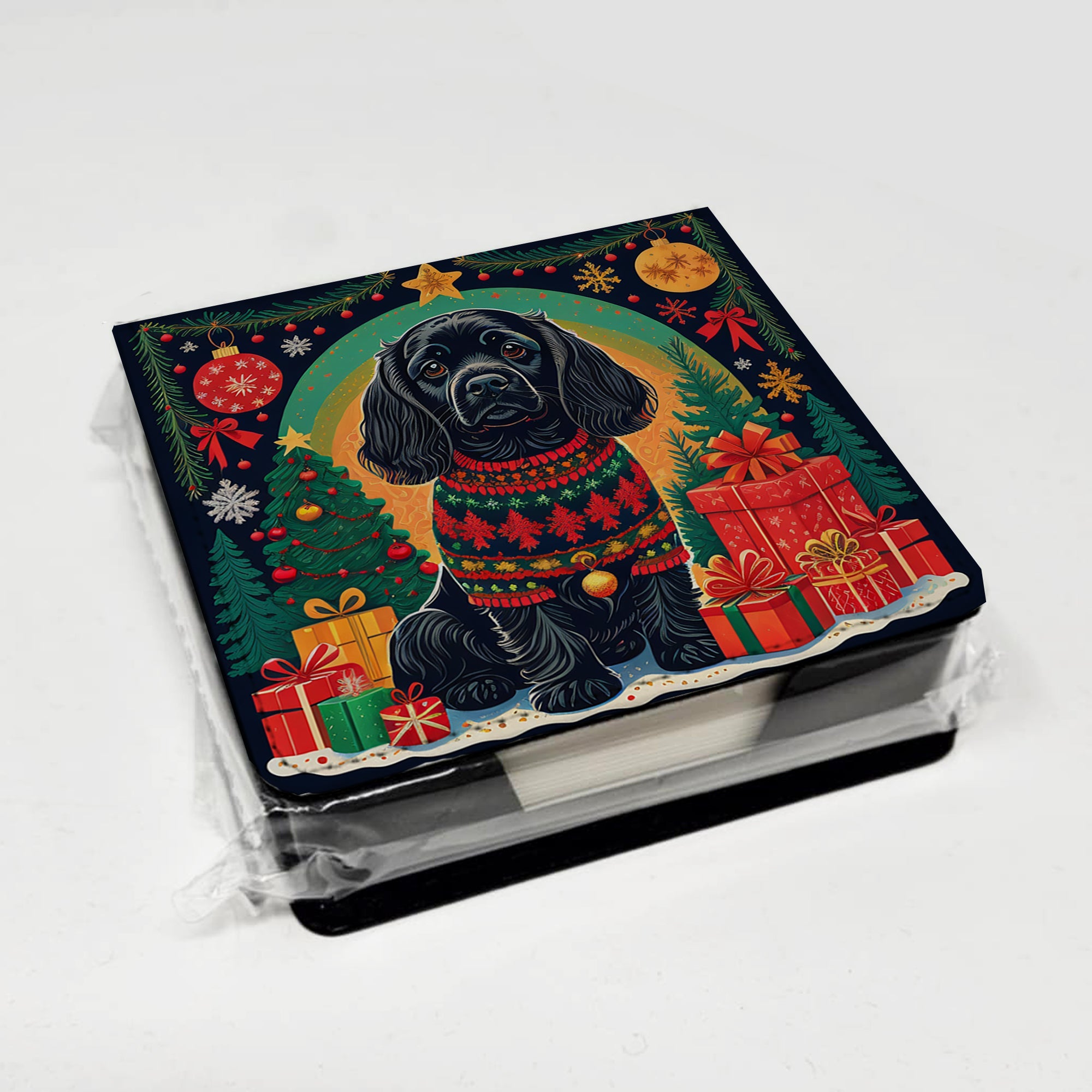 Black Cocker Spaniel Christmas PU Leather Note Paper Holder with Artist-Designed Cover, Desk Accessory, Office Gift
