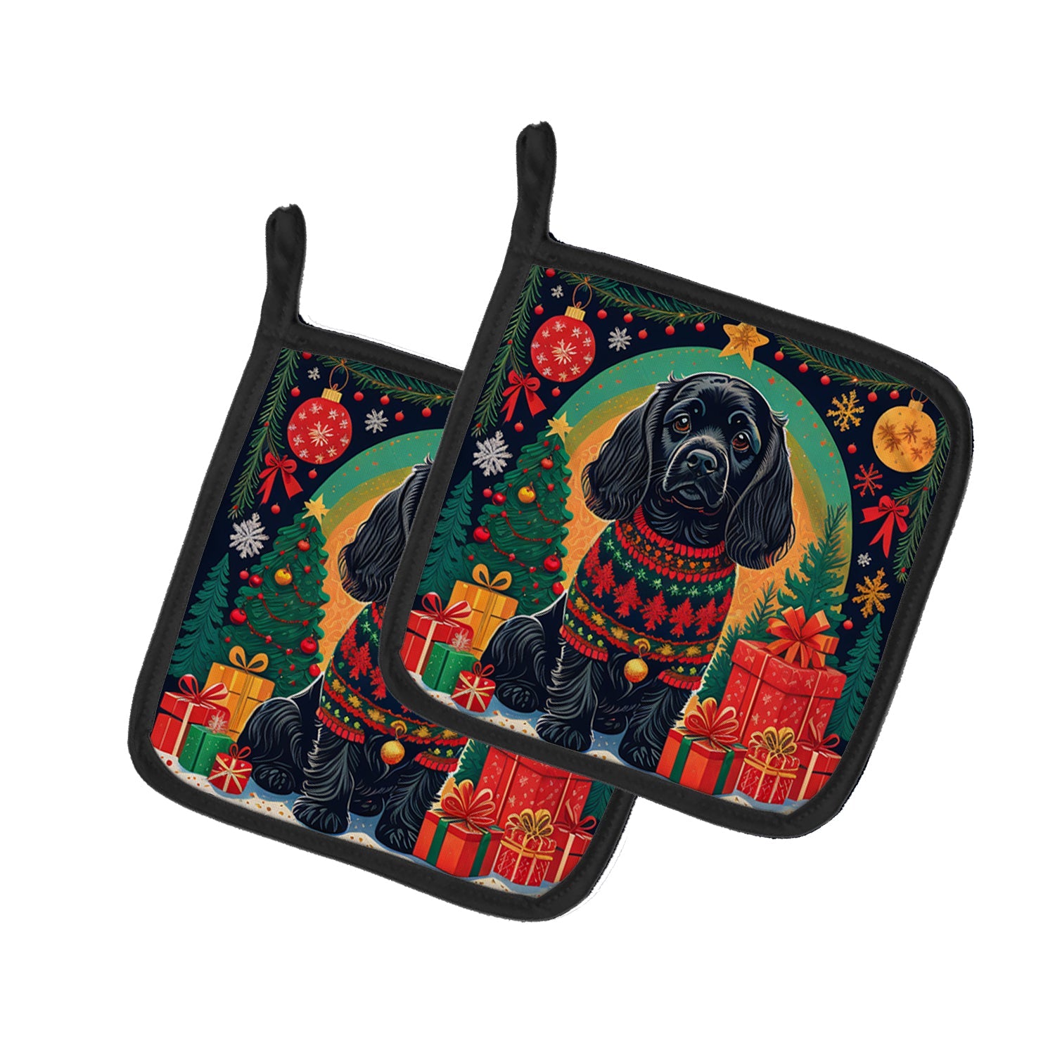 Black Cocker Spaniel Christmas Pot Holder Set of 2 Heat Resistant Quilted Hot Pads 7.5 x 7.5 Inch, Insulated Kitchen Trivets for Cooking & Baking