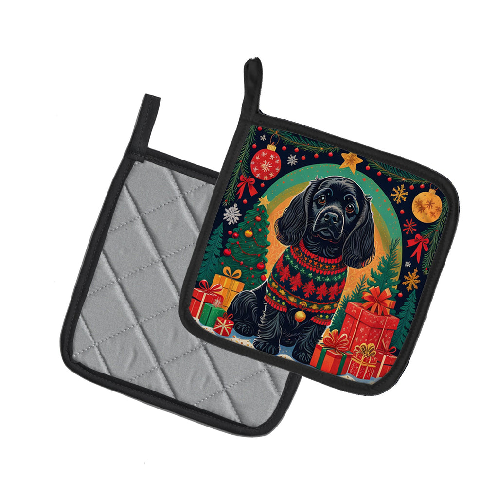 Black Cocker Spaniel Christmas Pot Holder Set of 2 Heat Resistant Quilted Hot Pads 7.5 x 7.5 Inch, Insulated Kitchen Trivets for Cooking & Baking