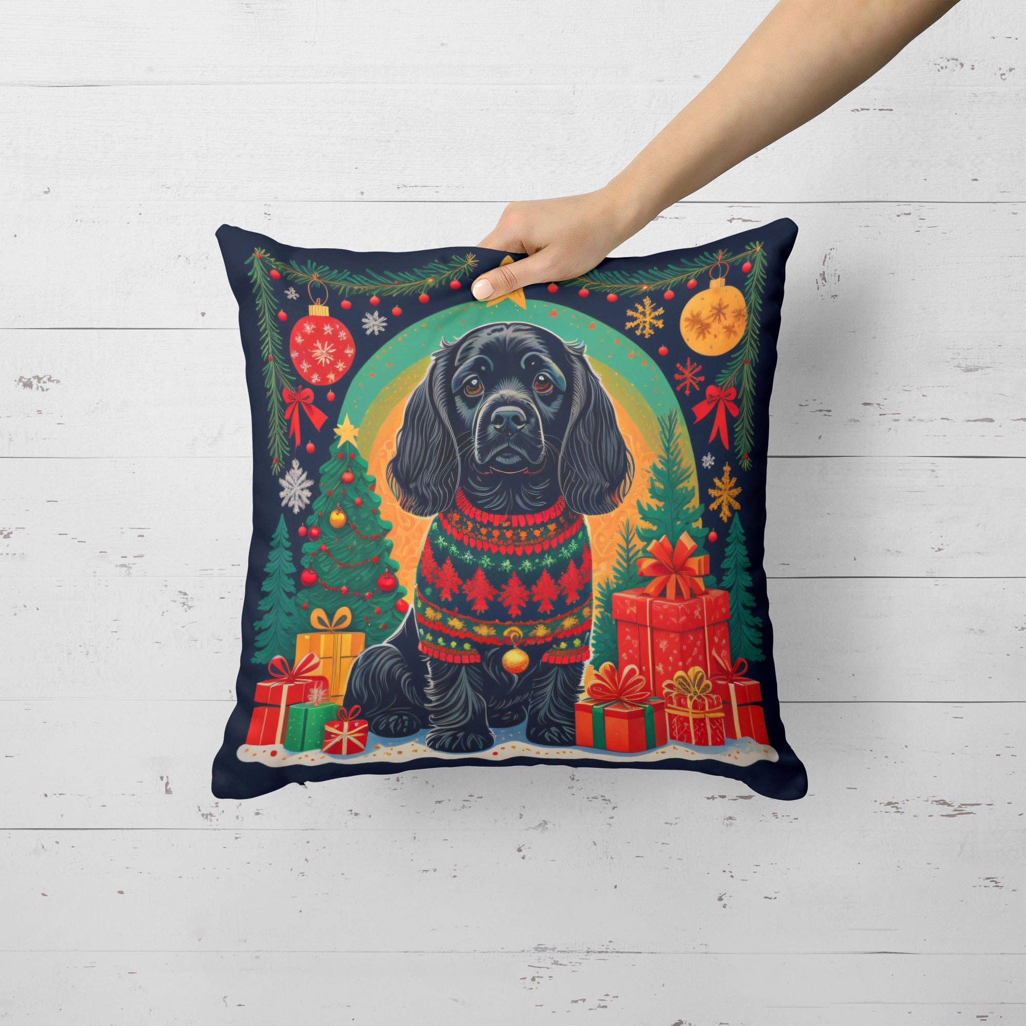 Black Cocker Spaniel Christmas Decorative Throw Pillow 14x14 Indoor Outdoor Accent Cushion, Fabric Cover with Insert for Sofa, Bed, Porch & Living Room