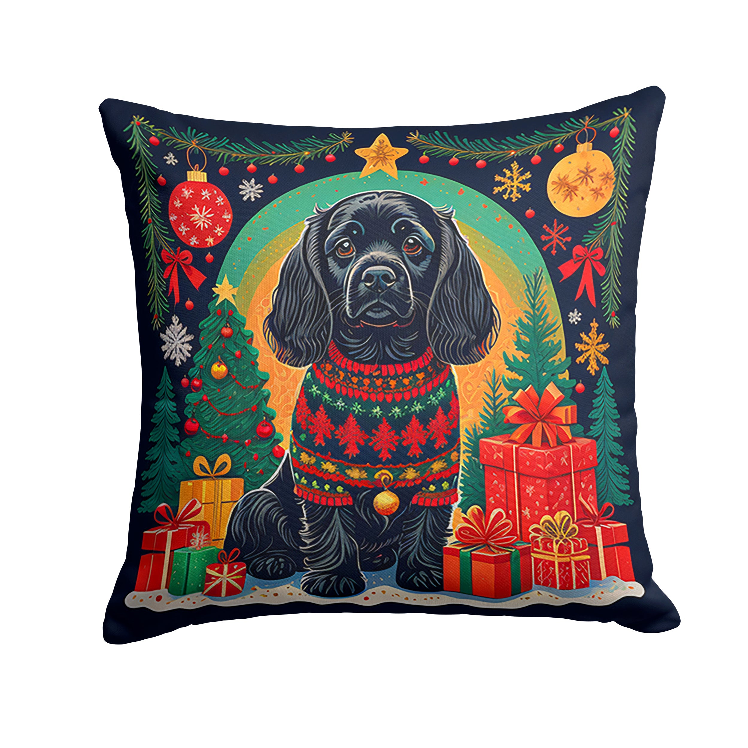 Black Cocker Spaniel Christmas Decorative Throw Pillow 18x18 Indoor Outdoor Accent Cushion, Fabric Cover with Insert for Sofa, Bed, Porch & Living Room
