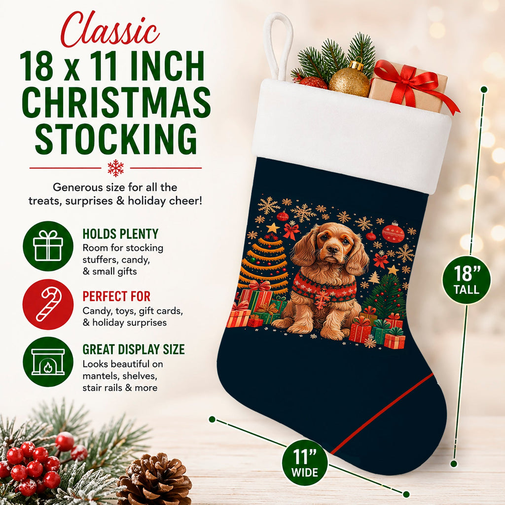 Cocker Spaniel Christmas Holiday Stocking Double-Sided Print, Polyester Suede,11x18, Made in USA