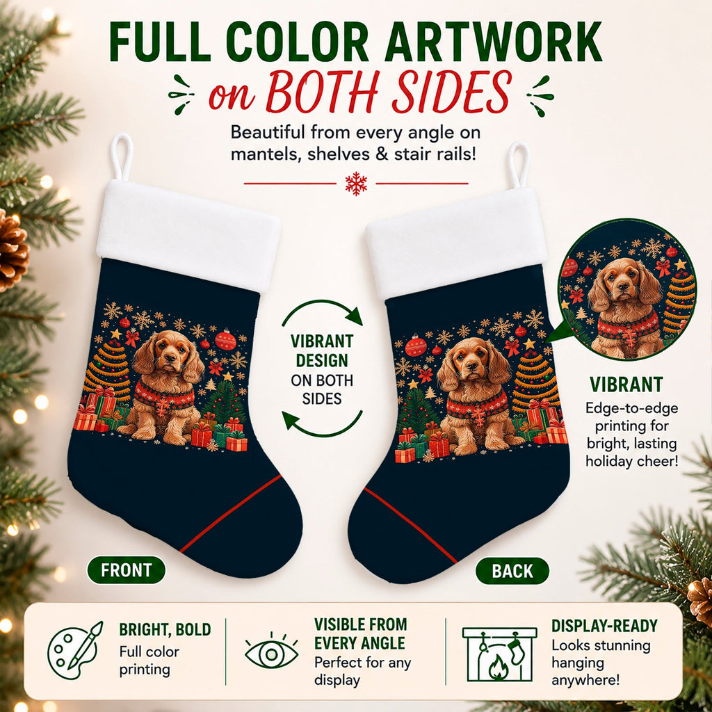 Cocker Spaniel Christmas Holiday Stocking Double-Sided Print, Polyester Suede,11x18, Made in USA